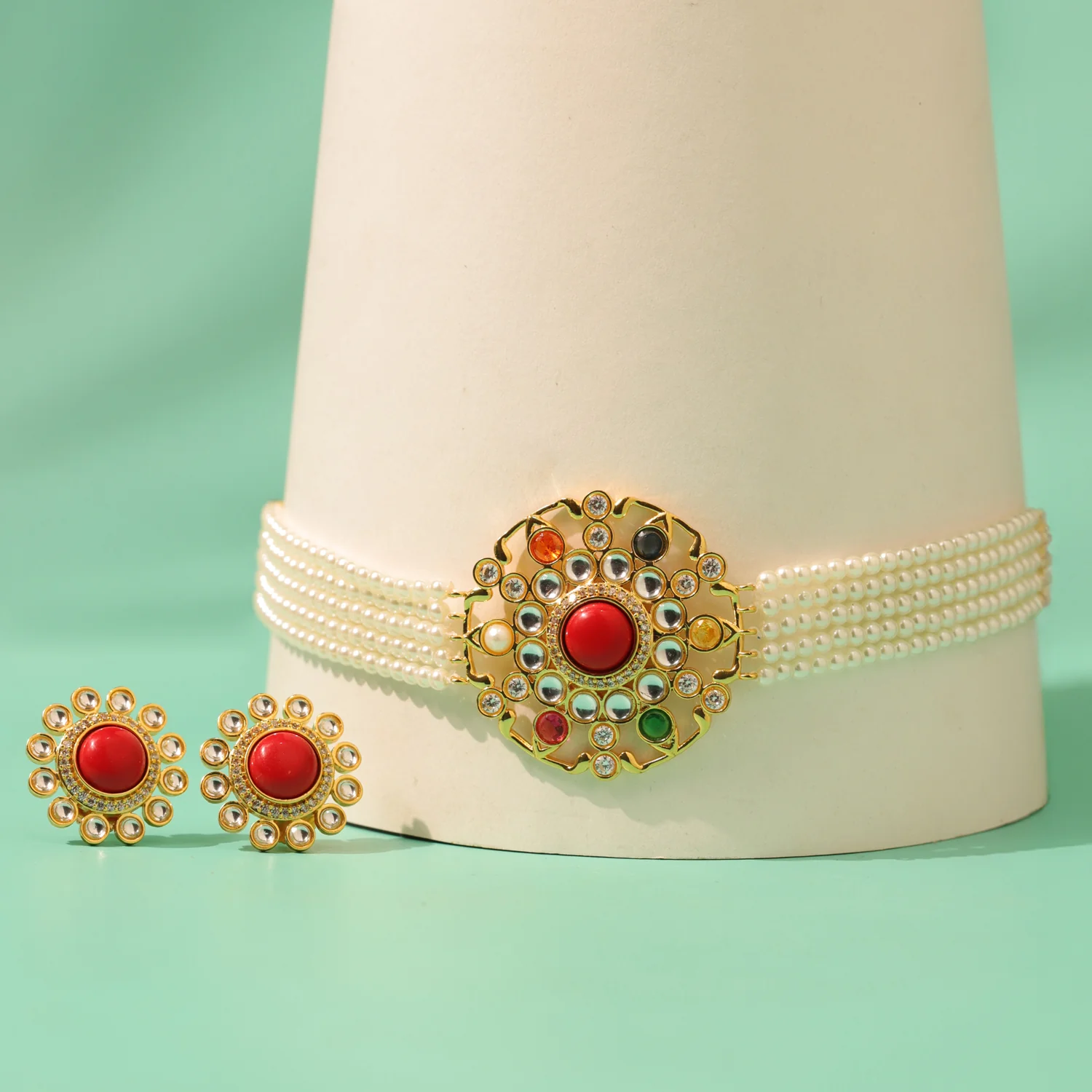 Navratan Crimson Bloom Choker Necklace Set - Image 2