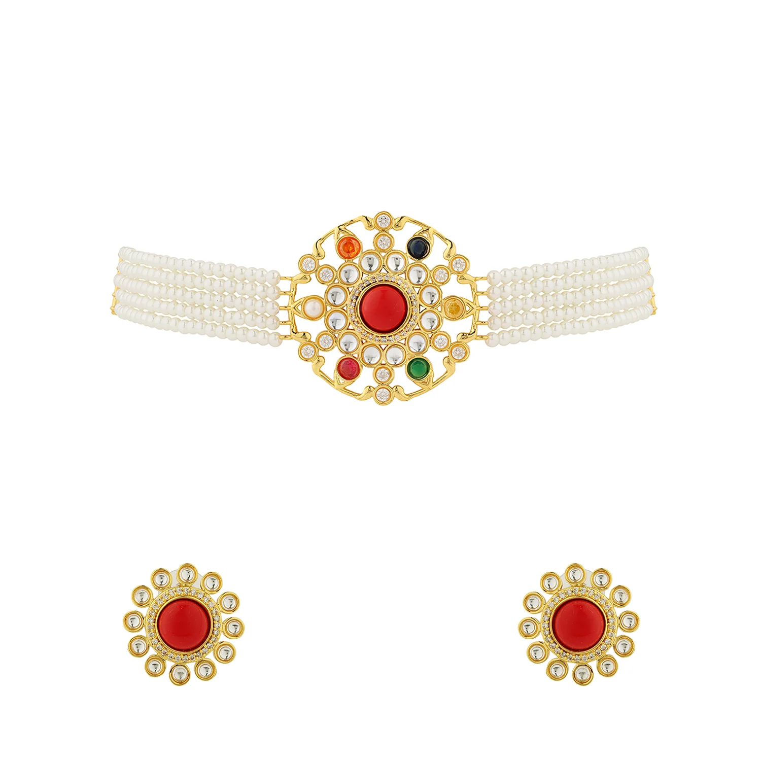 Navratan Crimson Bloom Choker Necklace Set - Image 3