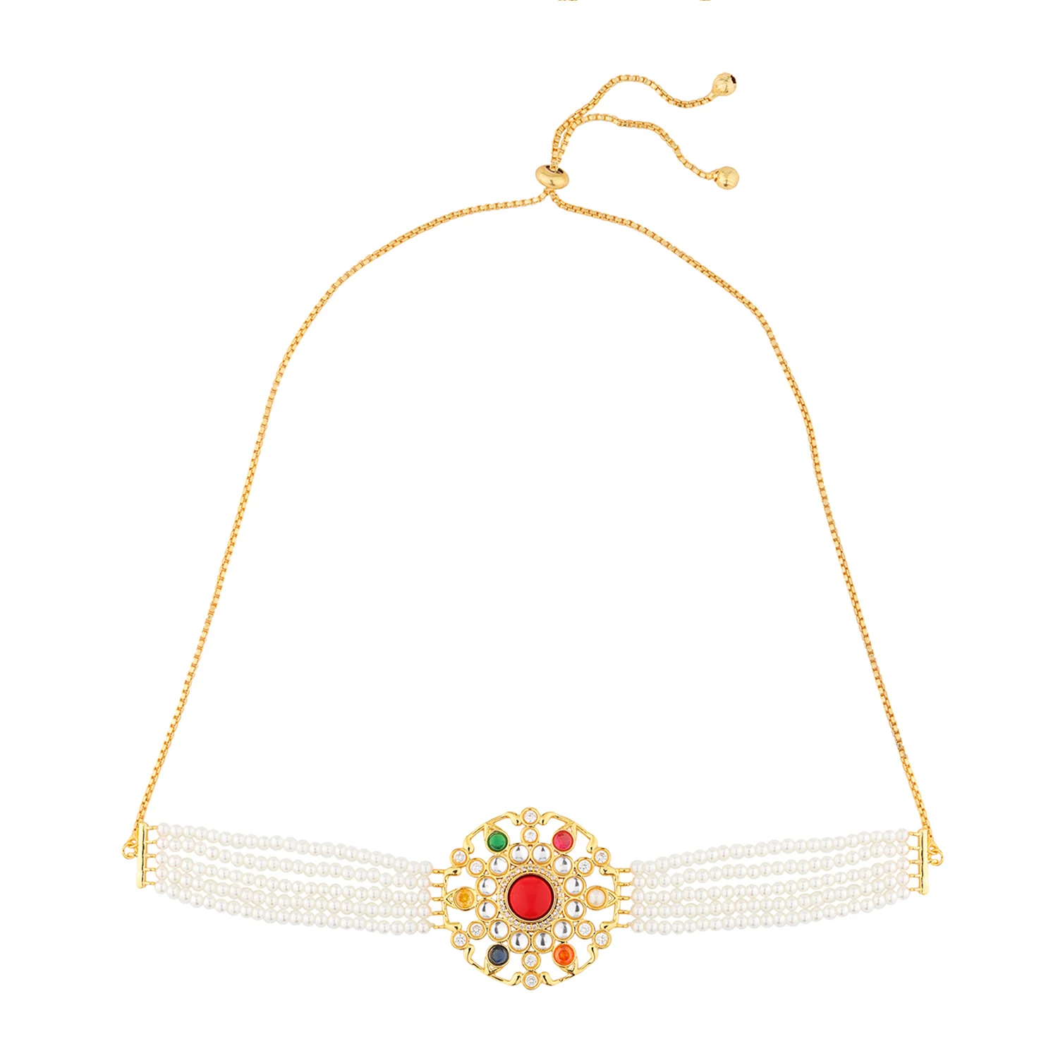 Navratan Crimson Bloom Choker Necklace Set - Image 4