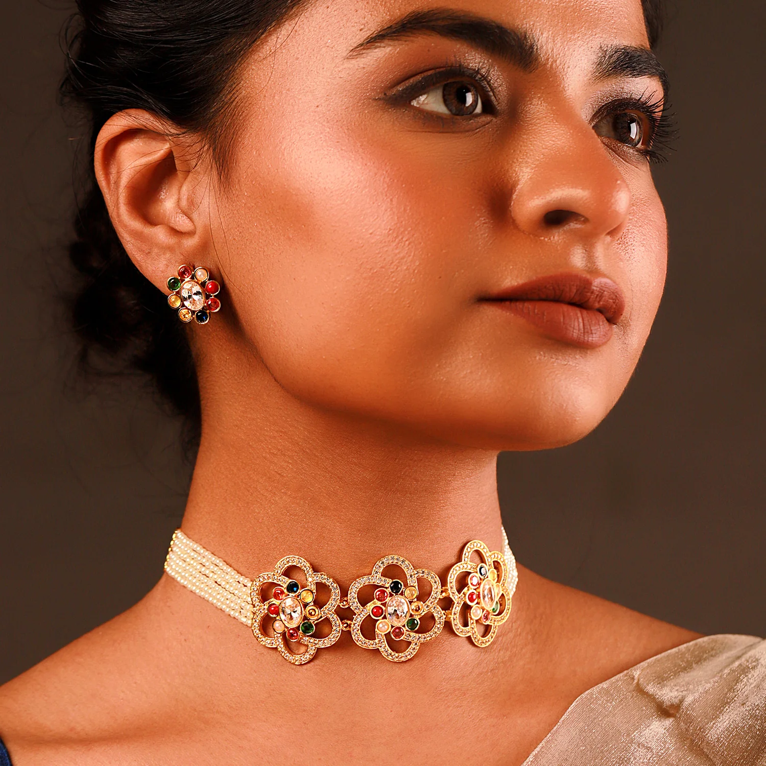 Navratan Floral Harmony Choker Necklace Set