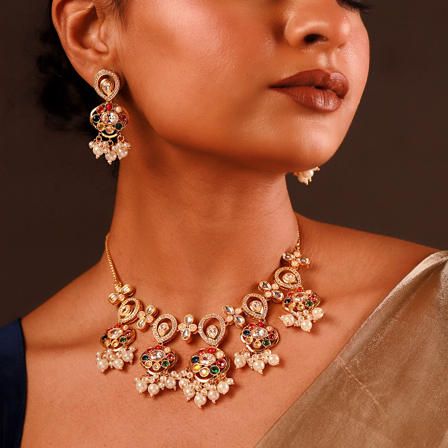Navratan Fluid Elegance Short Necklace Set - Image 2