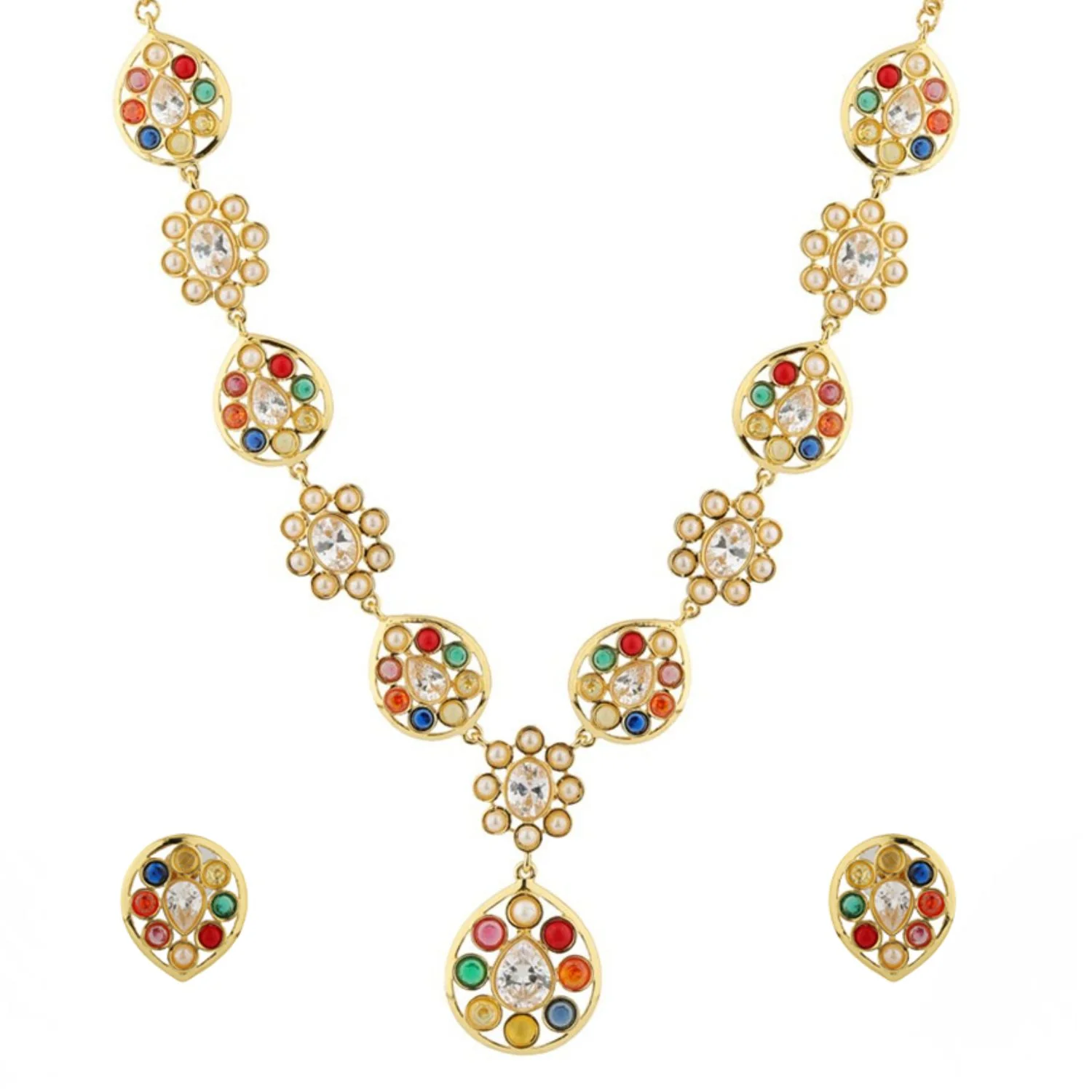 Navratan Gem Cascade Short Necklace Set - Image 3