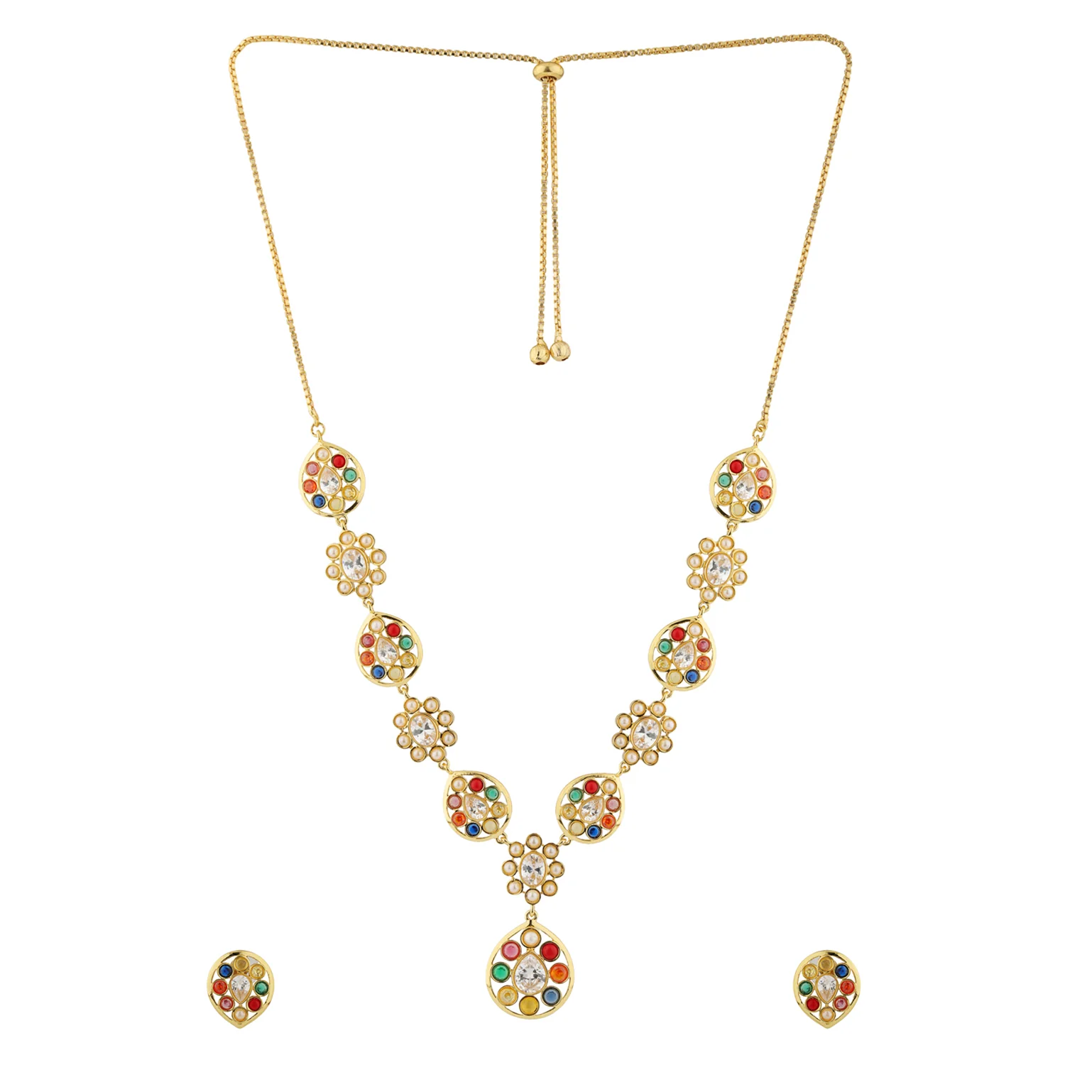 Navratan Gem Cascade Short Necklace Set - Image 6