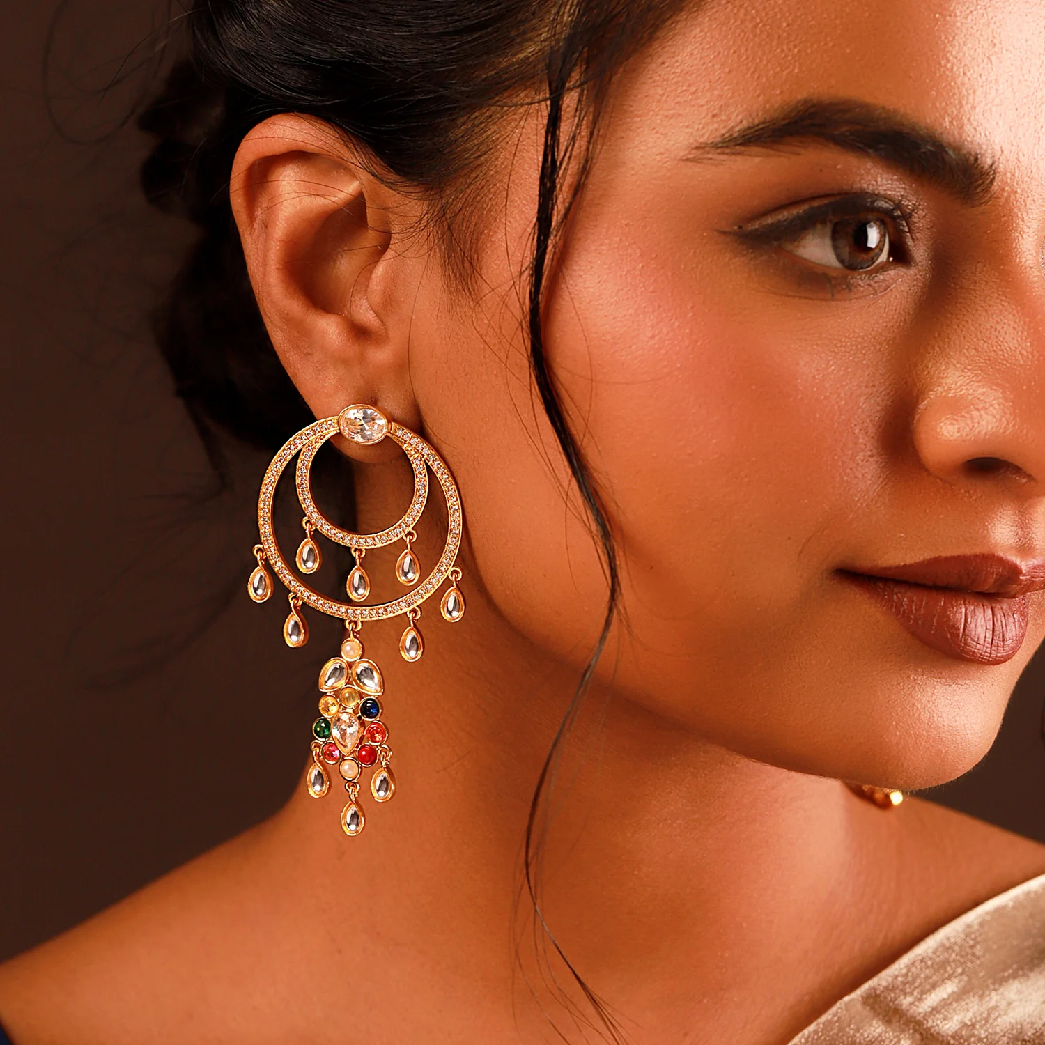 Navratan Gem Radiance Dangle Earrings - Image 2