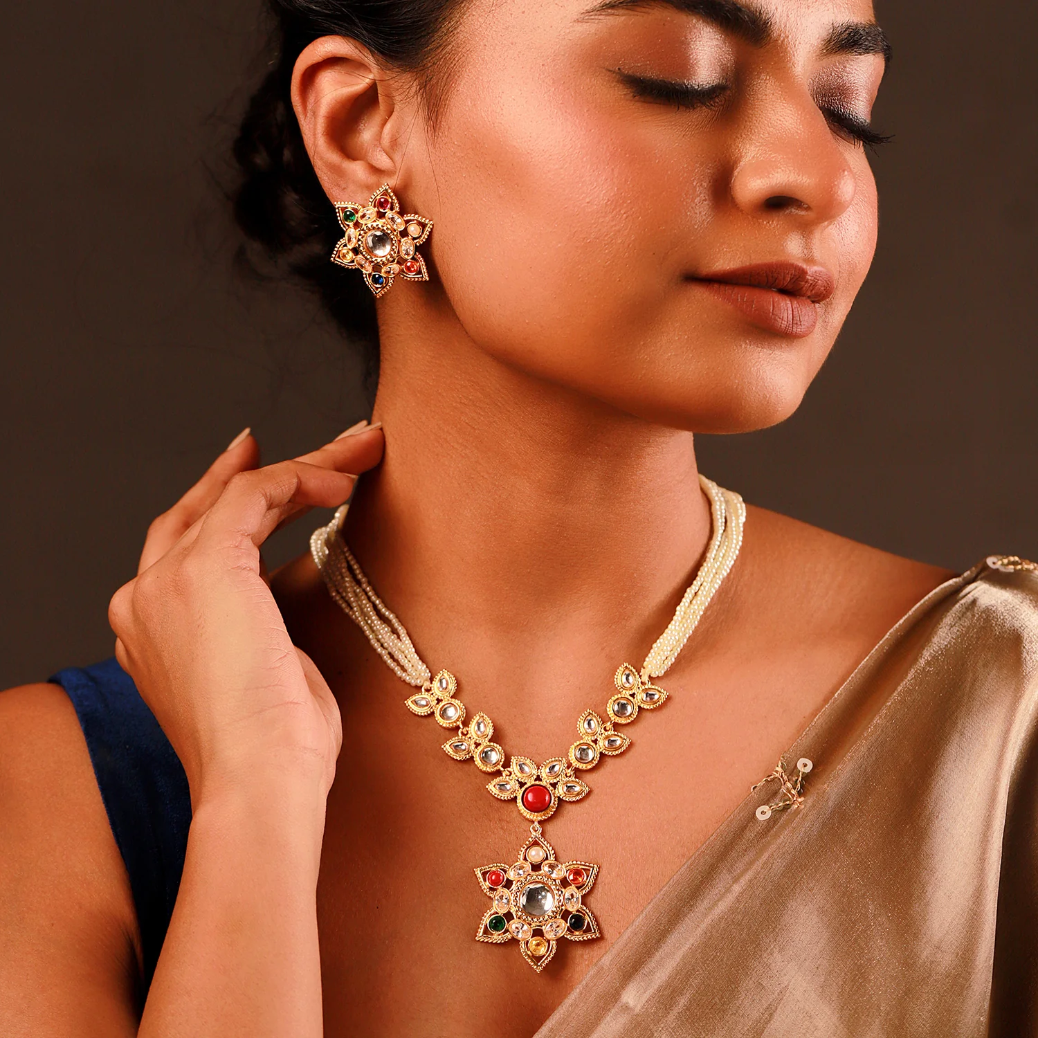 Navratan Luminous Collar Necklace Set - Image 2