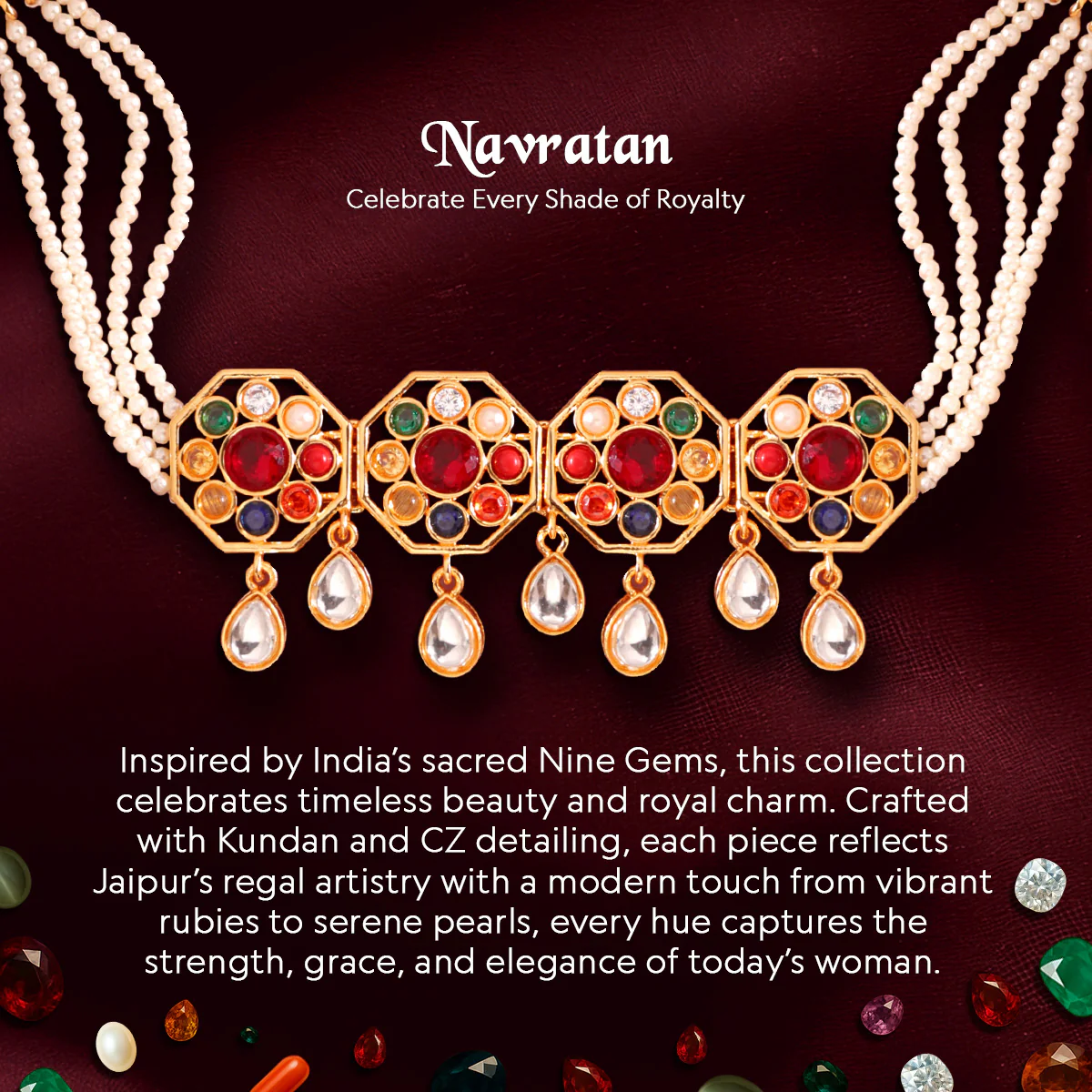 Navratan Luminous Collar Necklace Set - Image 8