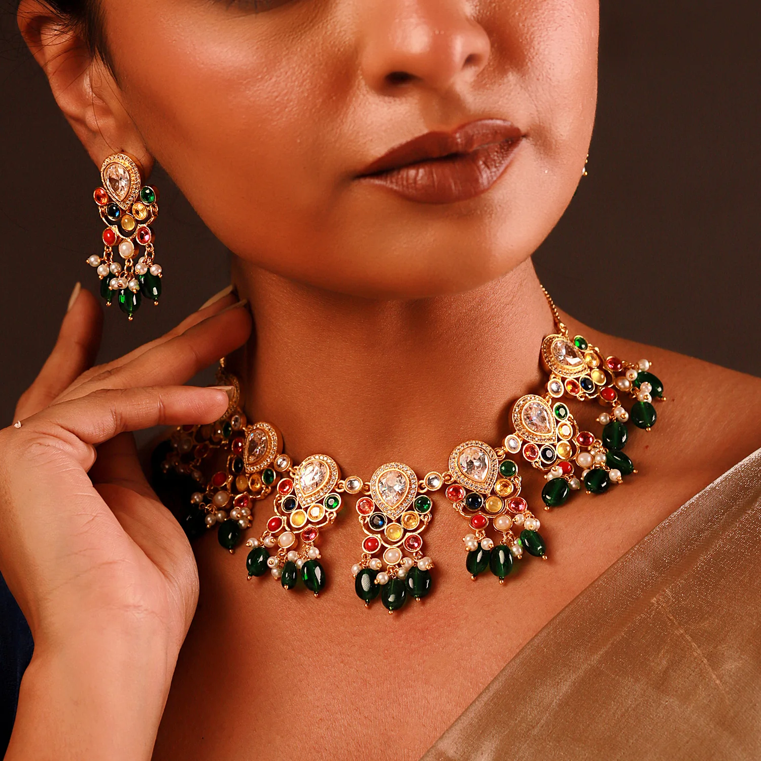 Navratan Pear Of Divinity Collar Necklace Set - Image 2