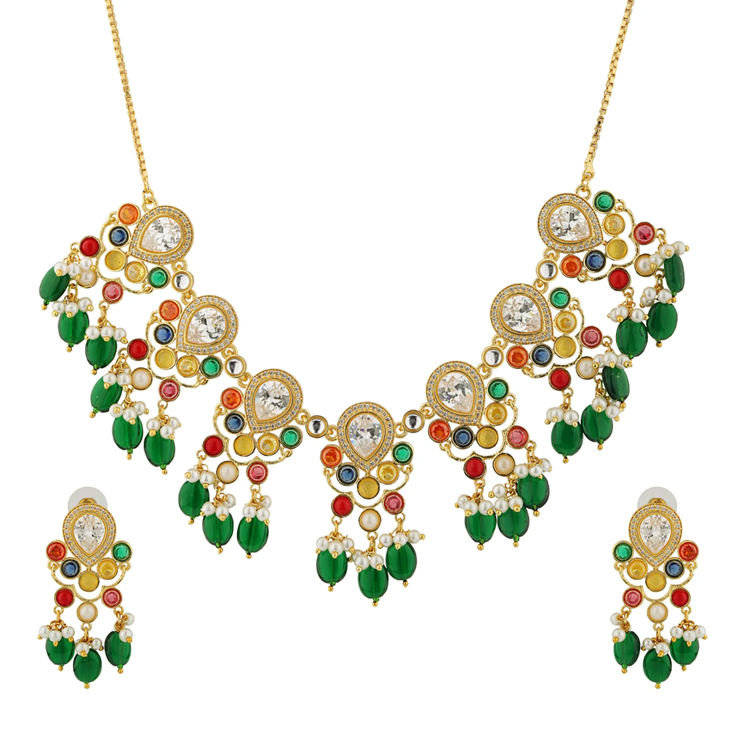 Navratan Pear Of Divinity Collar Necklace Set - Image 3