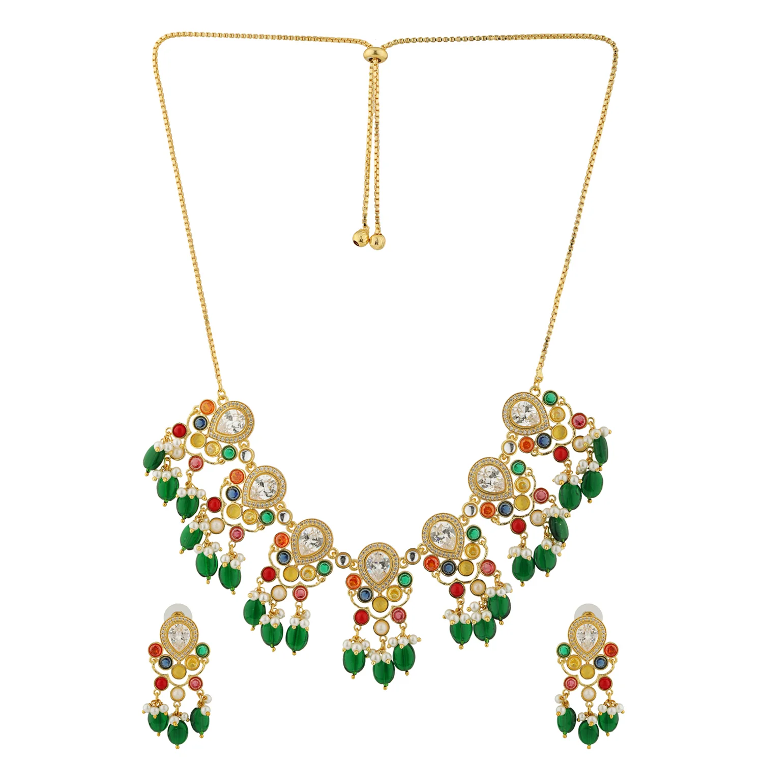 Navratan Pear Of Divinity Collar Necklace Set - Image 6