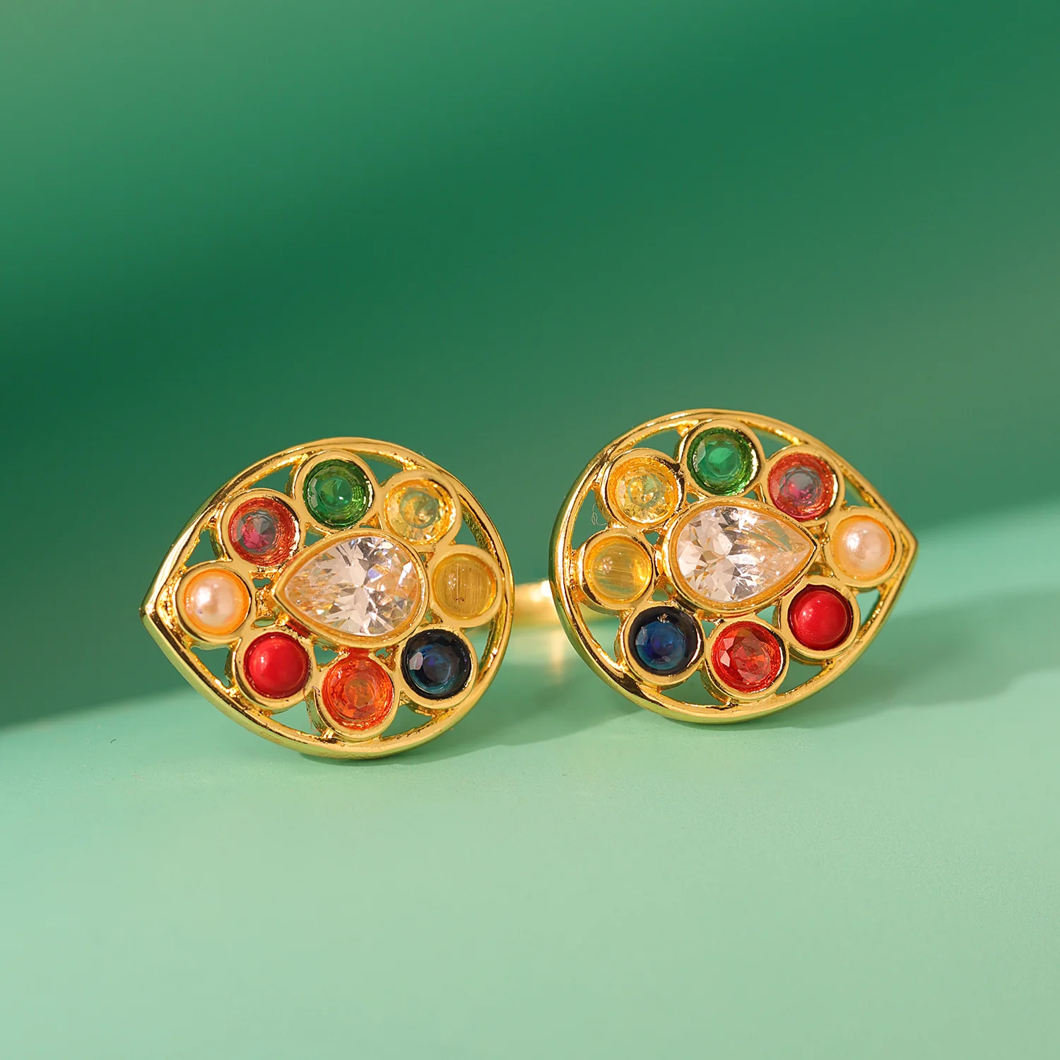 Navratan Pear Of Divinity Two Finger Ring