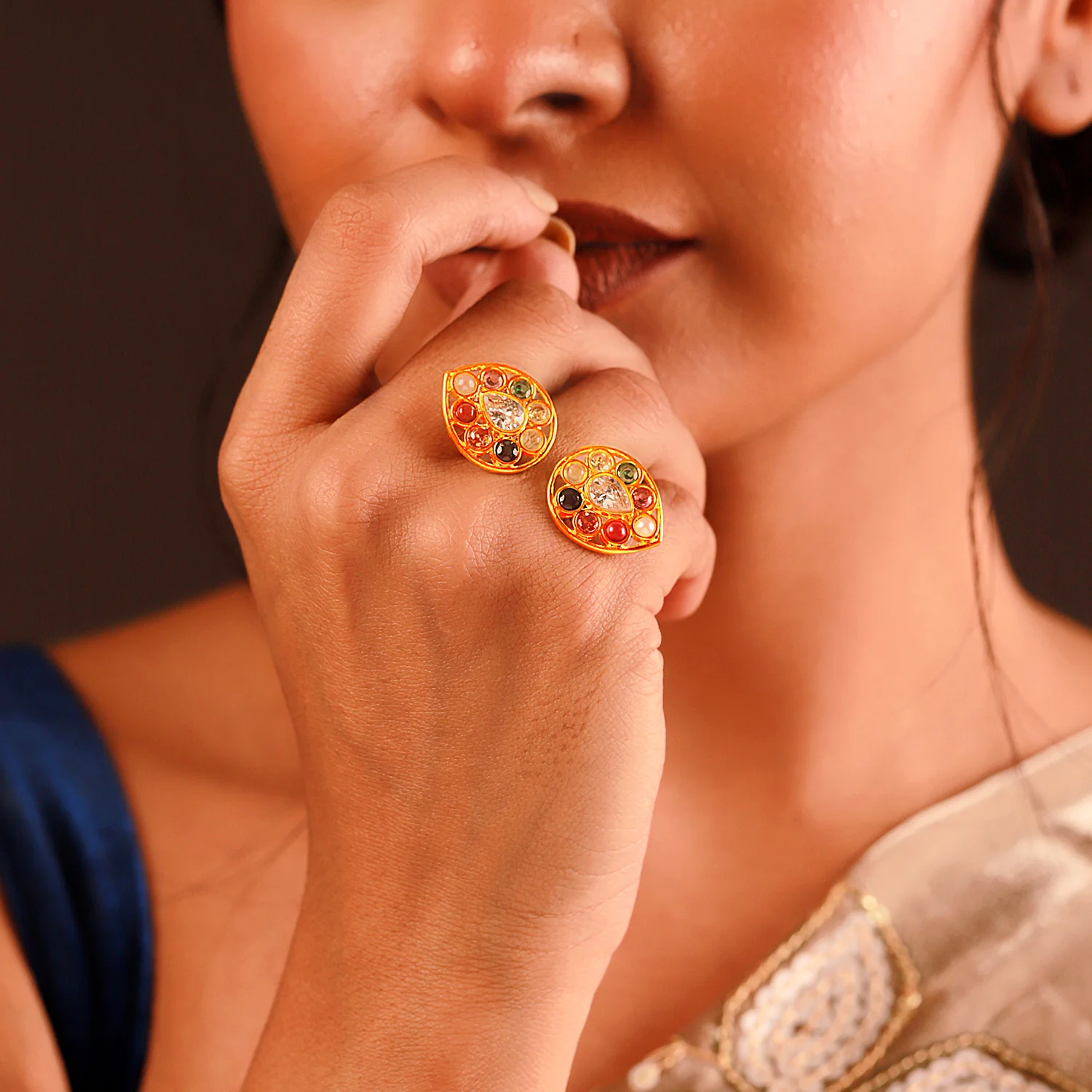 Navratan Pear Of Divinity Two Finger Ring - Image 2