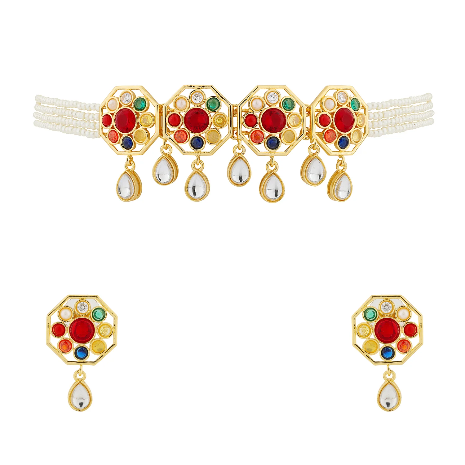 Navratan Pearl Facet Choker Necklace Set - Image 6