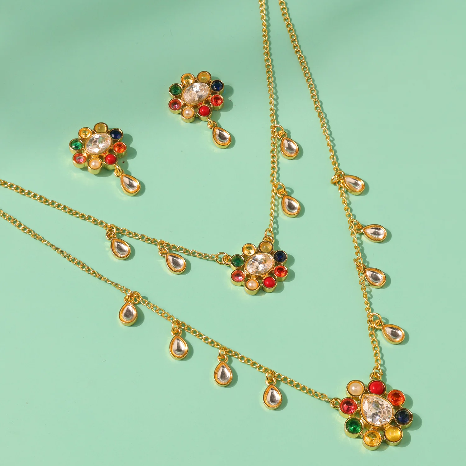 Navratan Rainbow Royals Layered Collar Necklace Set