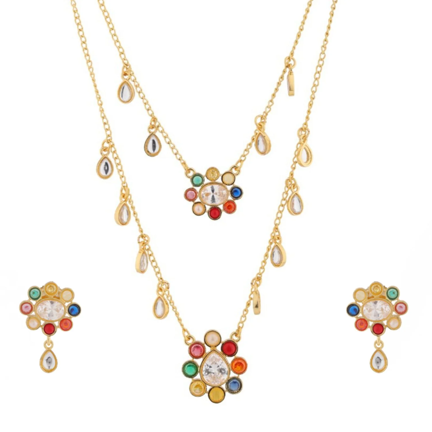 Navratan Rainbow Royals Layered Collar Necklace Set - Image 3