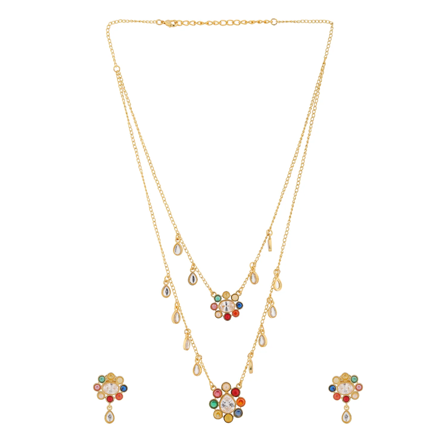 Navratan Rainbow Royals Layered Collar Necklace Set - Image 4