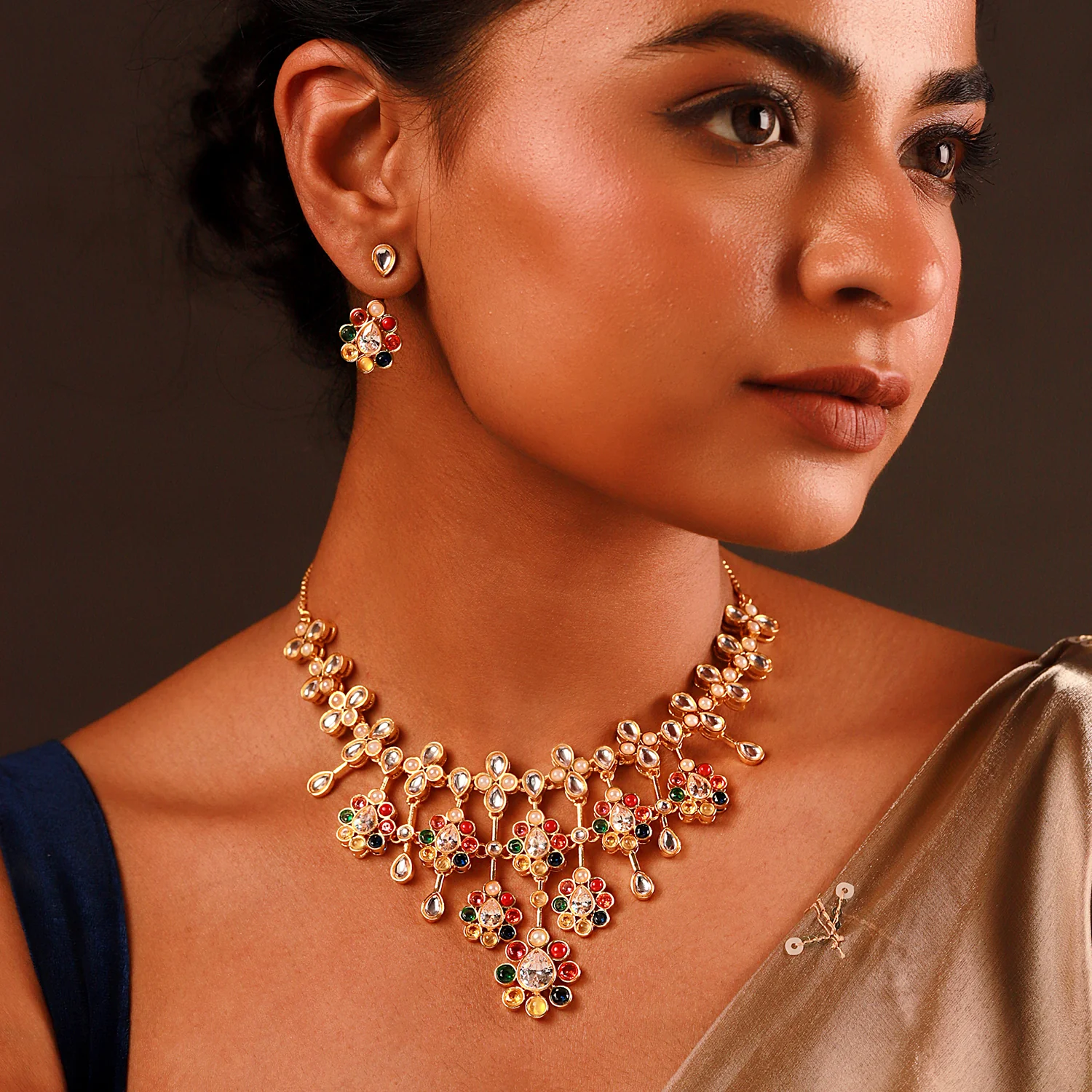 Navratan Spectrum Of Gems Collar Necklace Set - Image 2