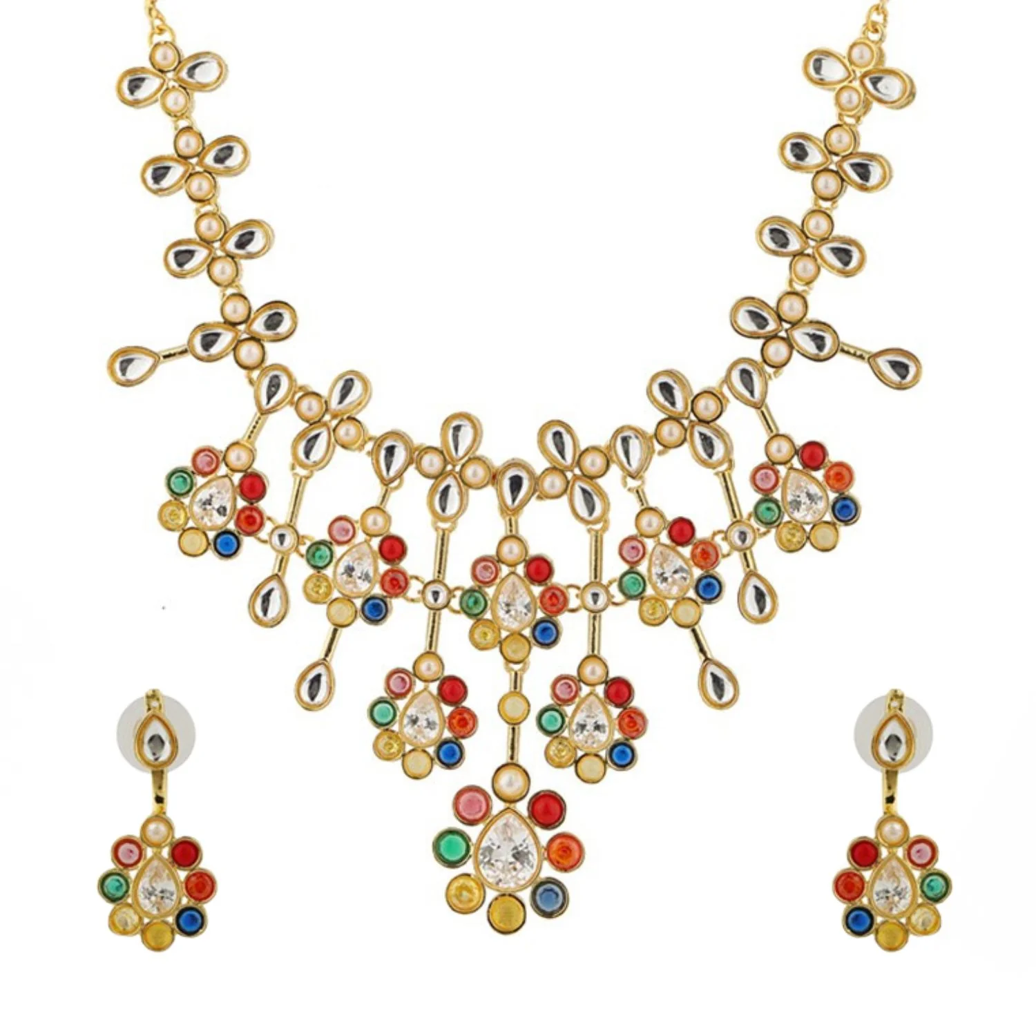 Navratan Spectrum Of Gems Collar Necklace Set - Image 3