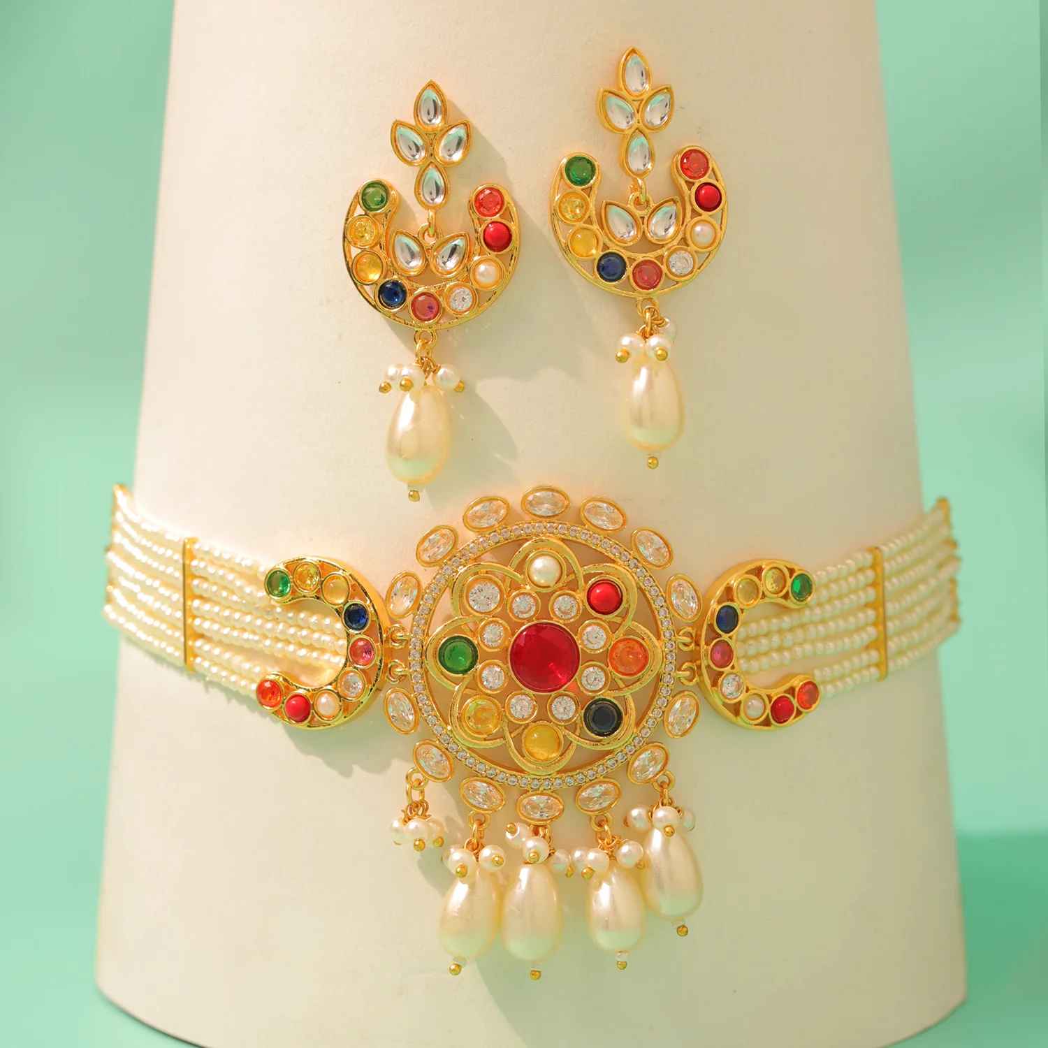 Navratan Starlit Bloom Drop Choker Necklace Set - Image 2