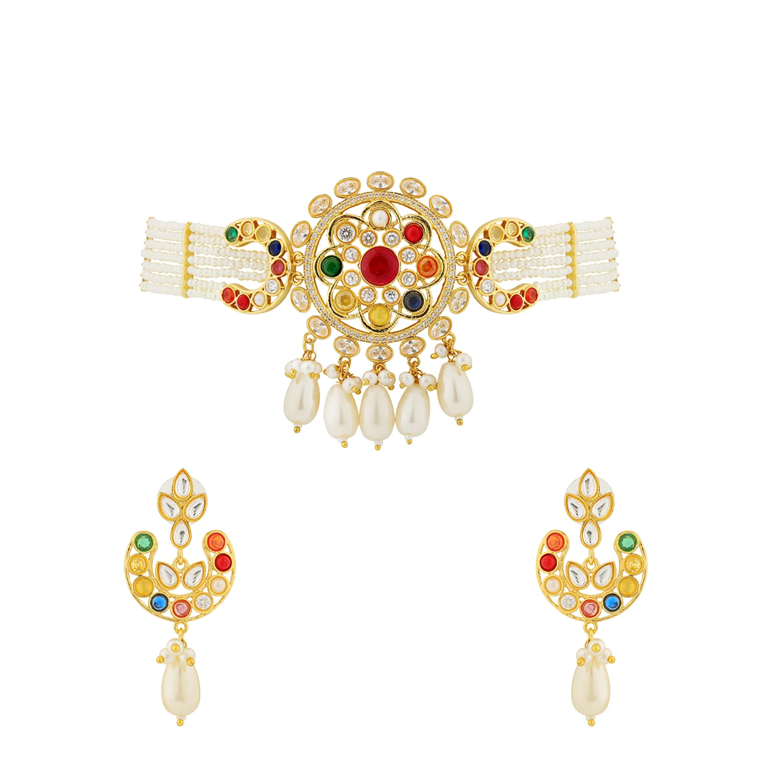 Navratan Starlit Bloom Drop Choker Necklace Set - Image 3