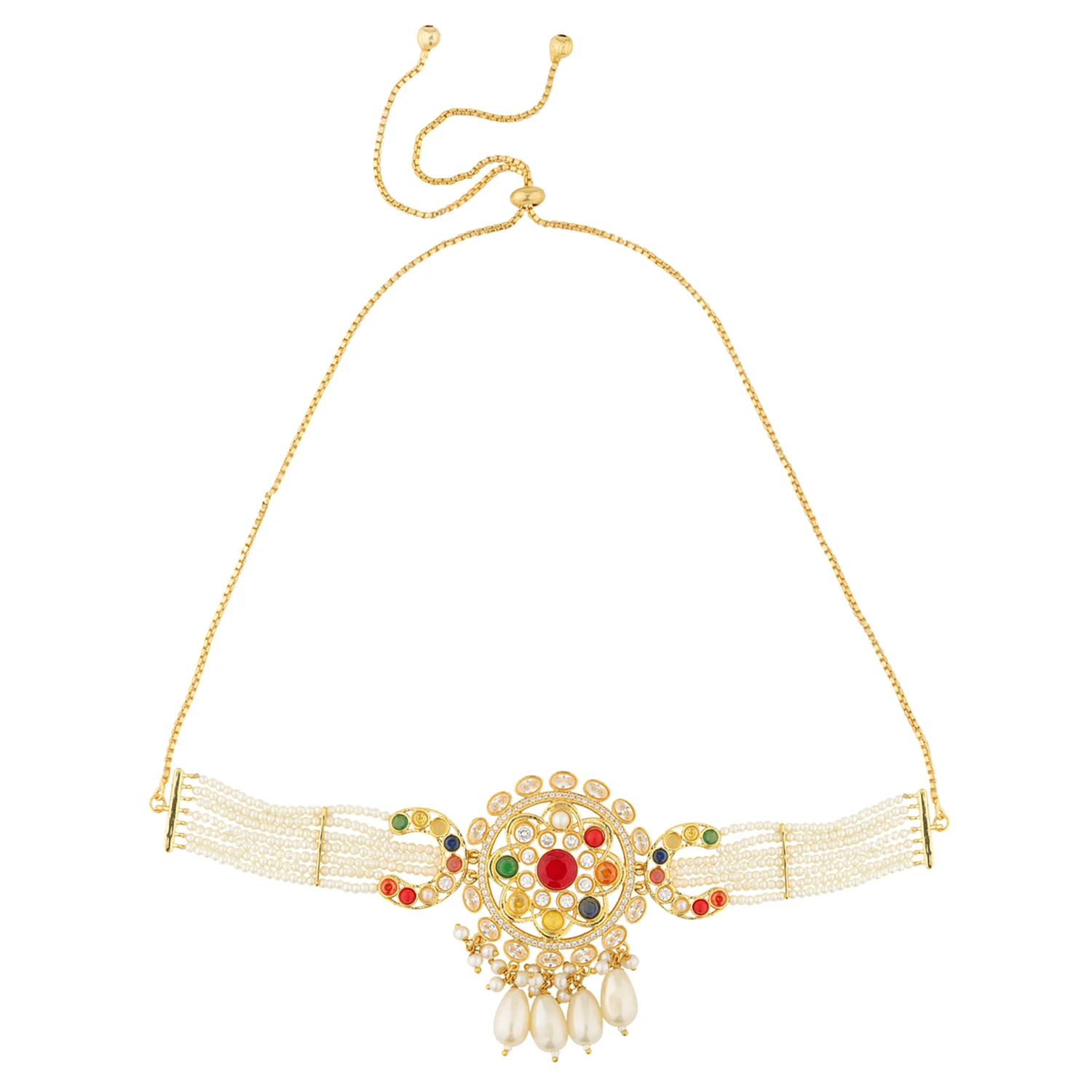 Navratan Starlit Bloom Drop Choker Necklace Set - Image 6