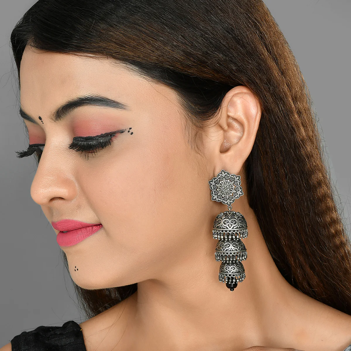 Nrityotsava Falguni 3 Layers Jhumka Earrings - Image 2