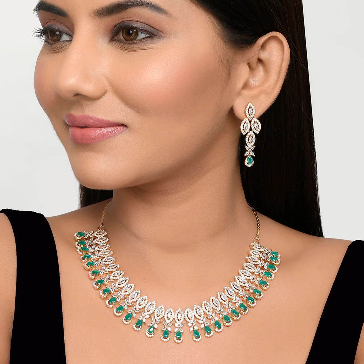 Opulent Green and White CZ Adorned Teardrop Gold Toned Brass Jewellery Set - Image 2