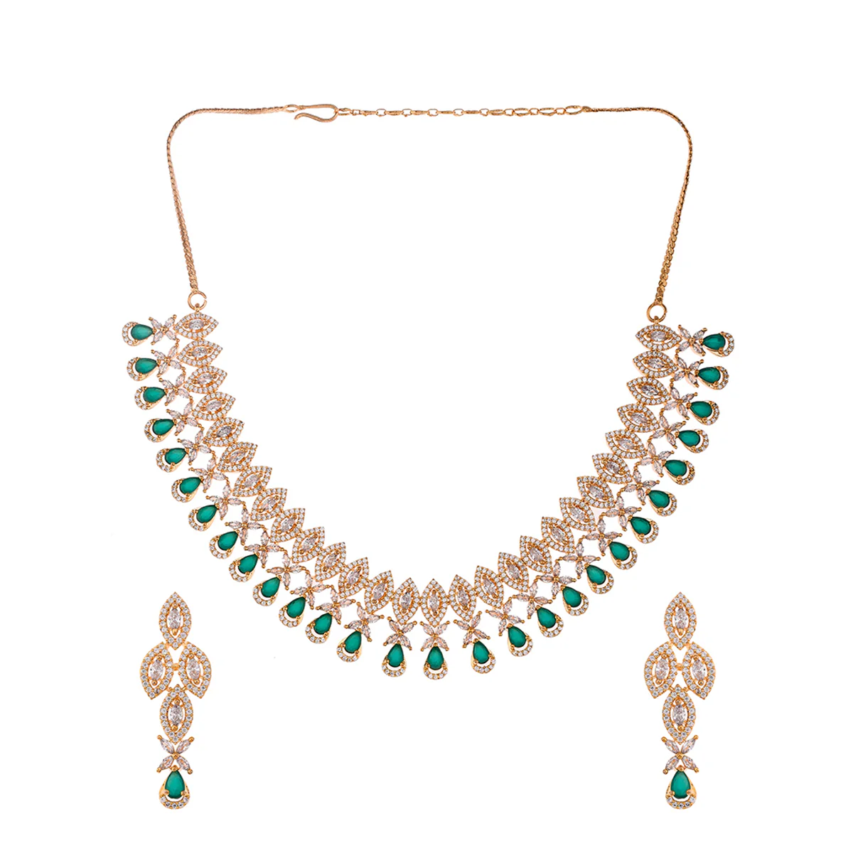 Opulent Green and White CZ Adorned Teardrop Gold Toned Brass Jewellery Set - Image 3