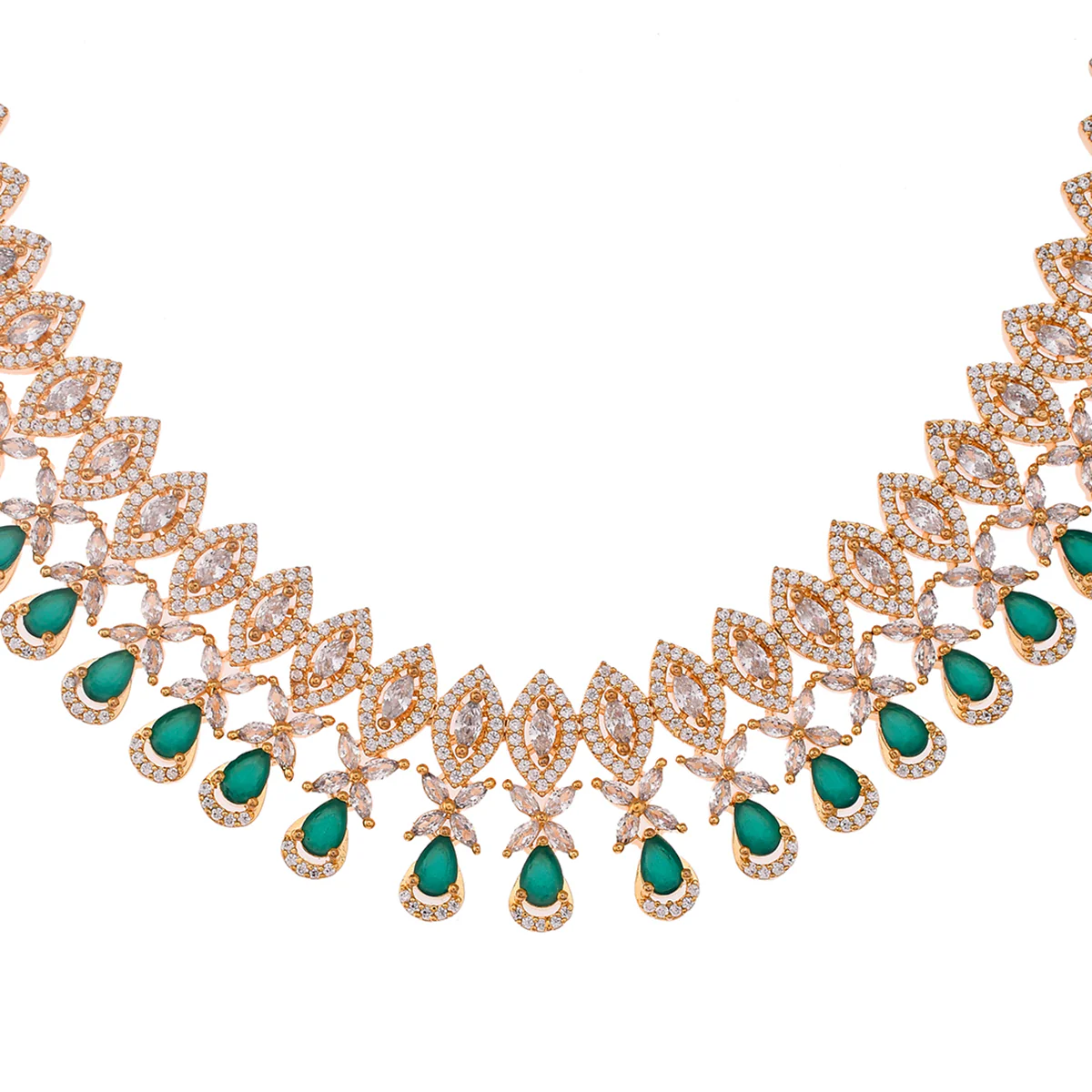 Opulent Green and White CZ Adorned Teardrop Gold Toned Brass Jewellery Set - Image 4