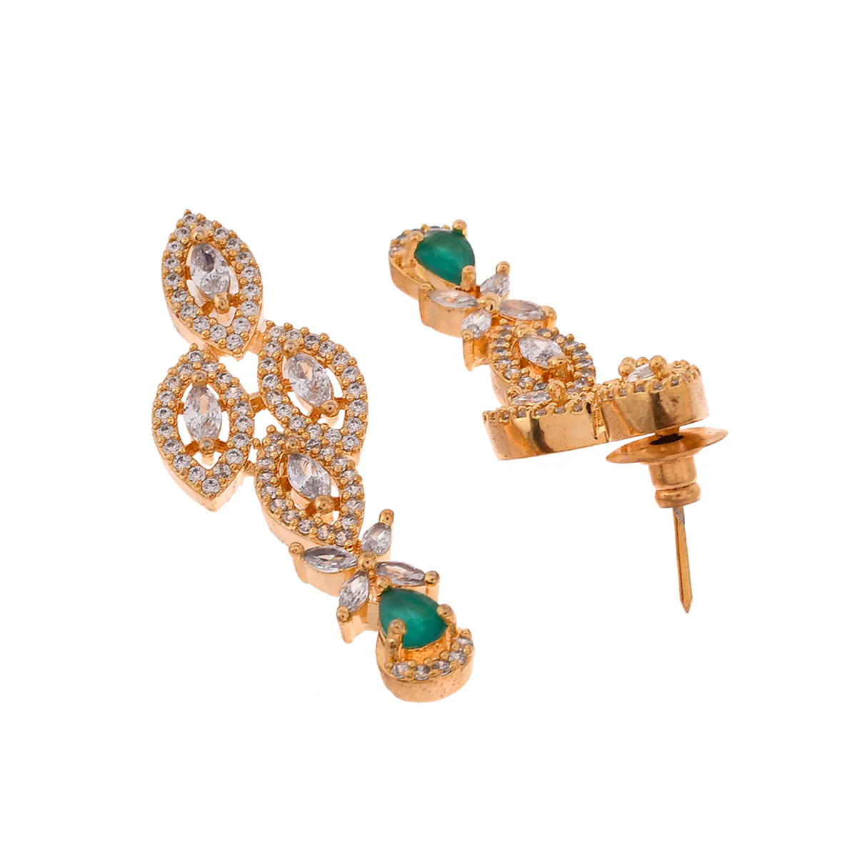Opulent Green and White CZ Adorned Teardrop Gold Toned Brass Jewellery Set - Image 5