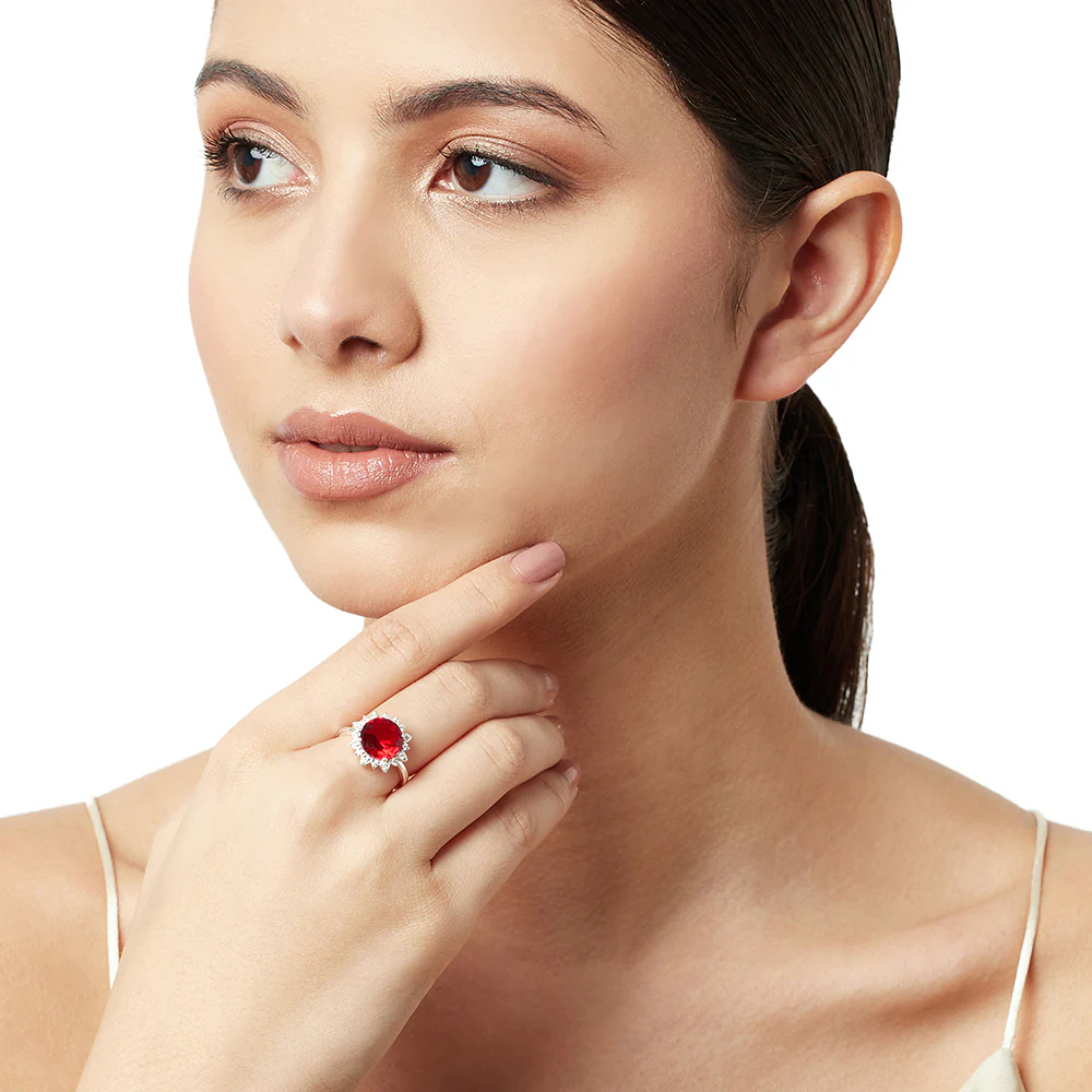 925 Sterling Silver Opulent Looking Red with Studded CZ Ring - Image 2