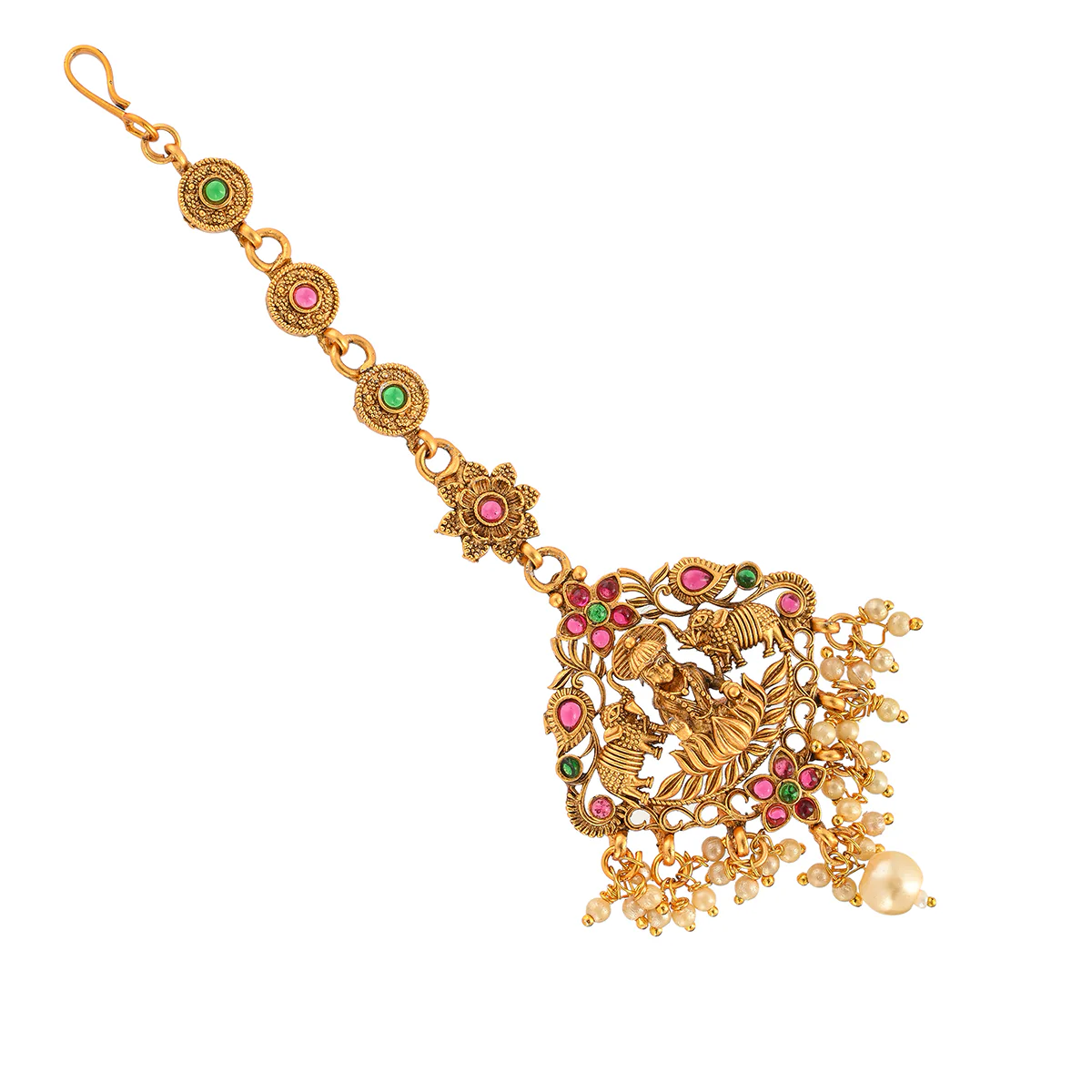 Opulent Temple Design Brass Faux Pearls and CZ Adorned Gold Plated Maang Tika - Image 2