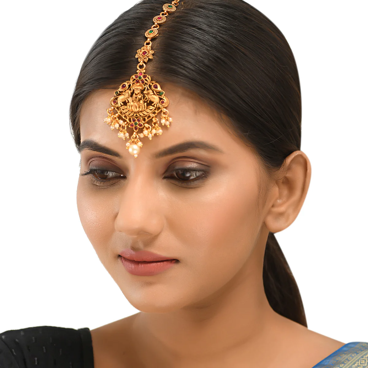 Opulent Temple Design Brass Faux Pearls and CZ Adorned Gold Plated Maang Tika - Image 5