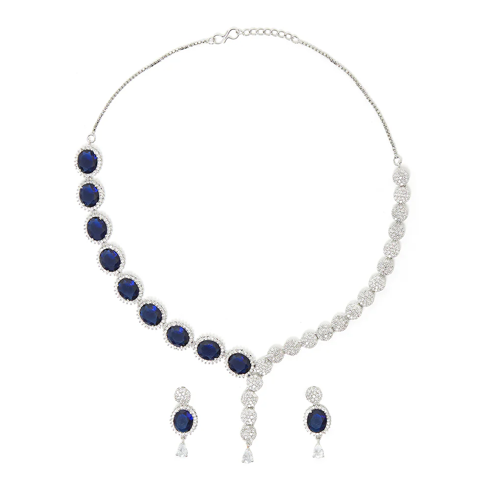 Oval Cut Blue CZ Silver Plated Brass Jewellery Set - Image 3