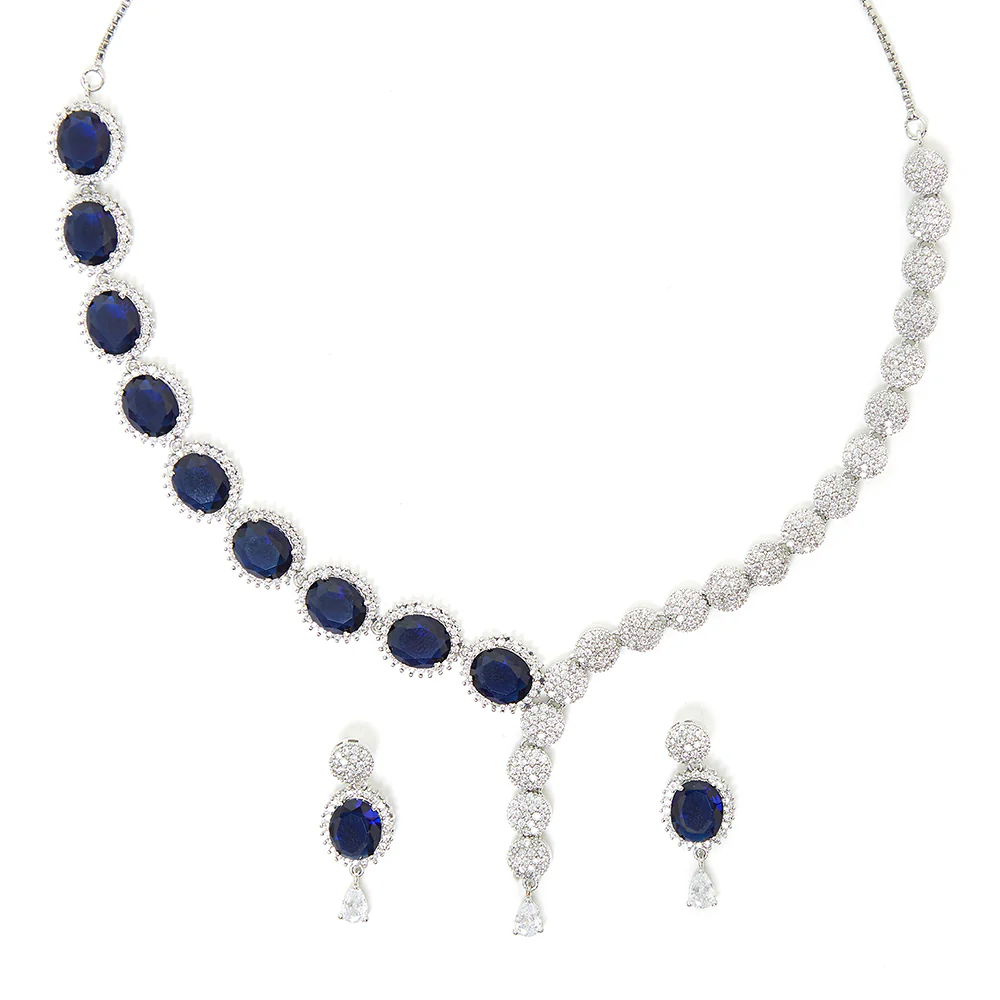 Oval Cut Blue CZ Silver Plated Brass Jewellery Set - Image 5