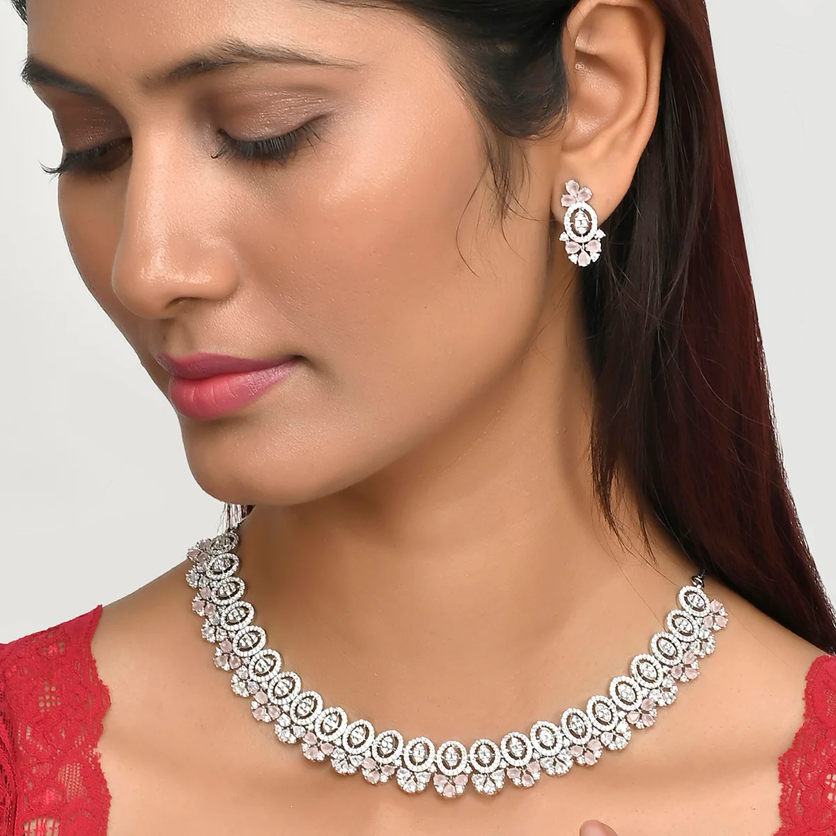 Oval Cut CZ Adorned Opulent Silver Plated Brass Jewellery Set - Image 2