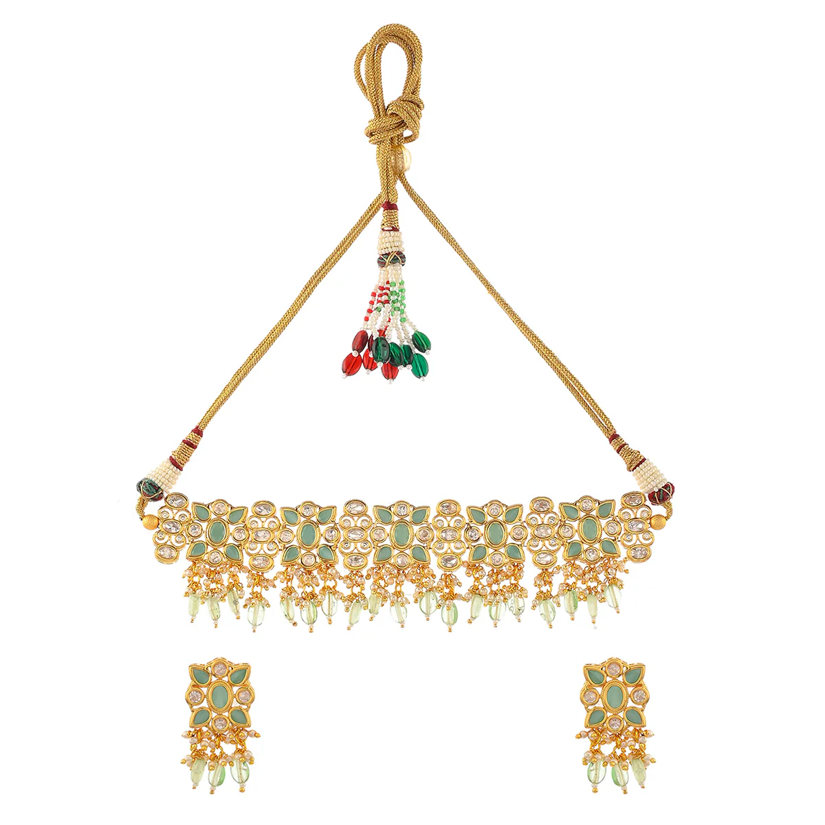 Oval Cut Faux Kundan Adorned Brass Gold Toned Jewellery Set - Image 3