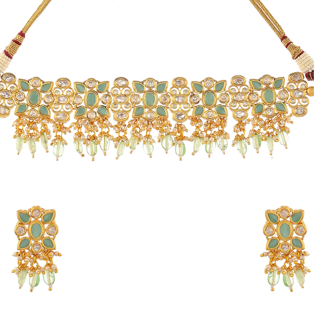 Oval Cut Faux Kundan Adorned Brass Gold Toned Jewellery Set - Image 4