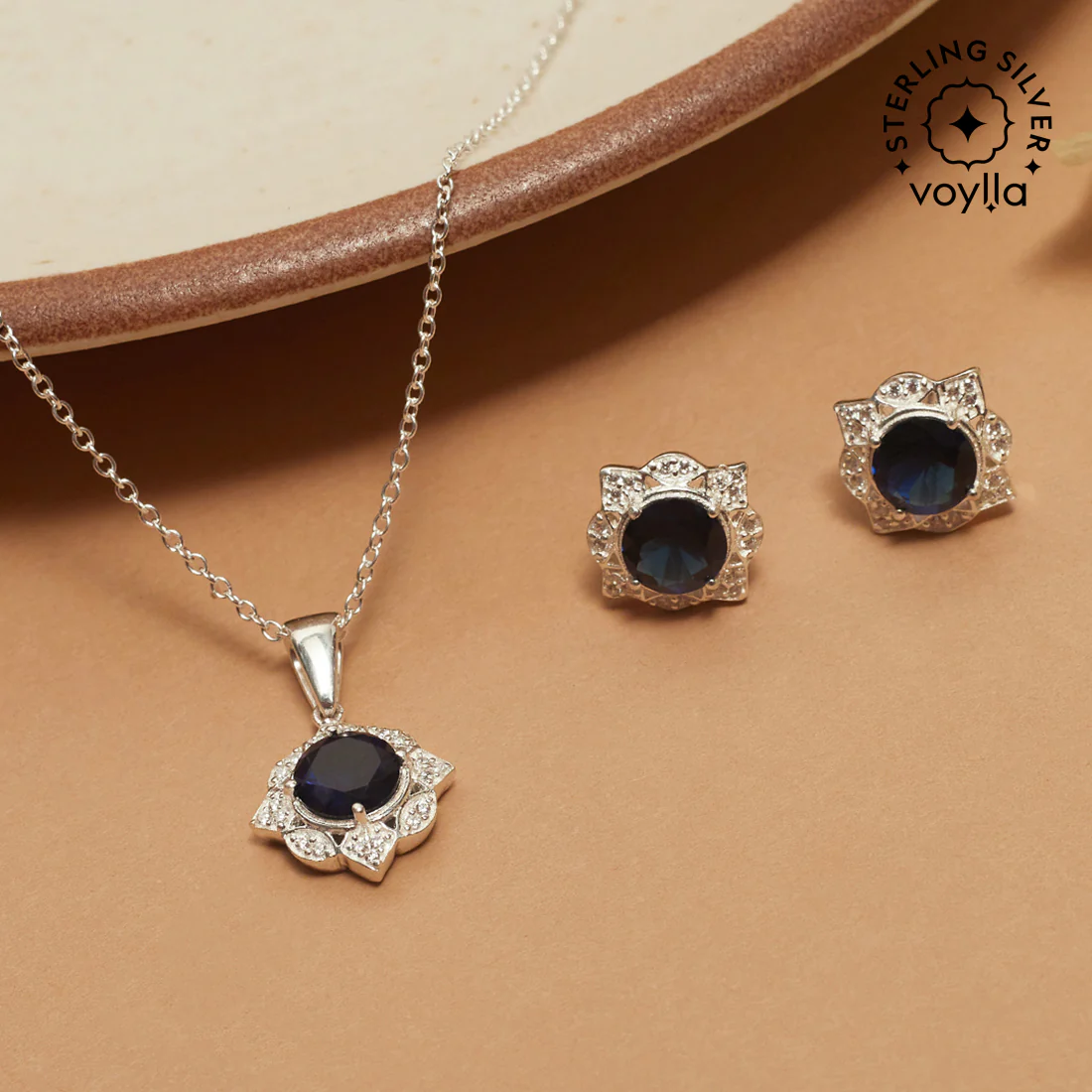 Oval Cut Sapphire Cushion Setting Sterling Silver Pendant Set