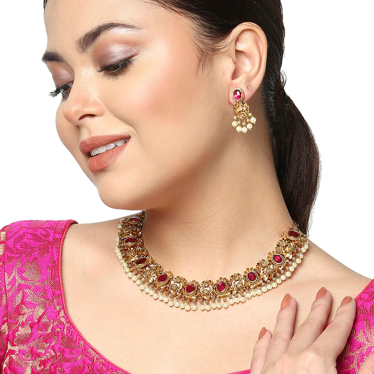 Oval Cut Zircons and Faux Pearls Adorned Brass Gold Toned Ethnic Jewellery Set - Image 2