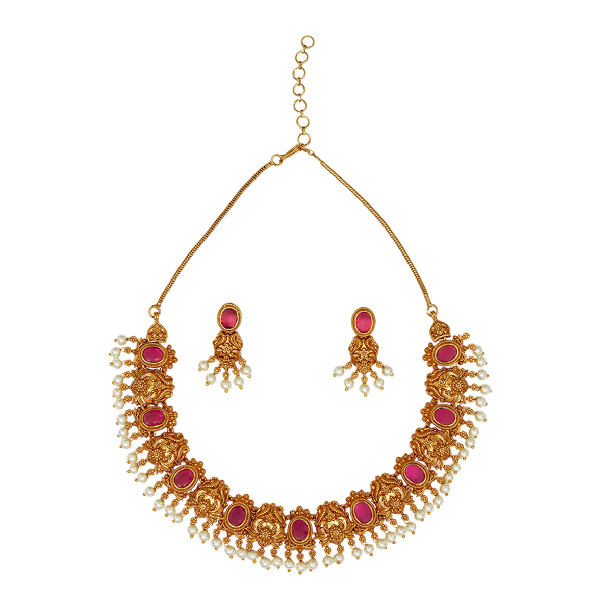Oval Cut Zircons and Faux Pearls Adorned Brass Gold Toned Ethnic Jewellery Set - Image 3