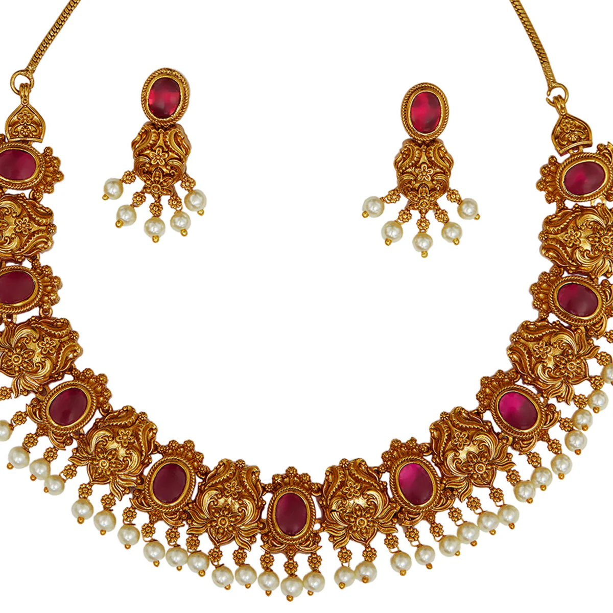 Oval Cut Zircons and Faux Pearls Adorned Brass Gold Toned Ethnic Jewellery Set - Image 4
