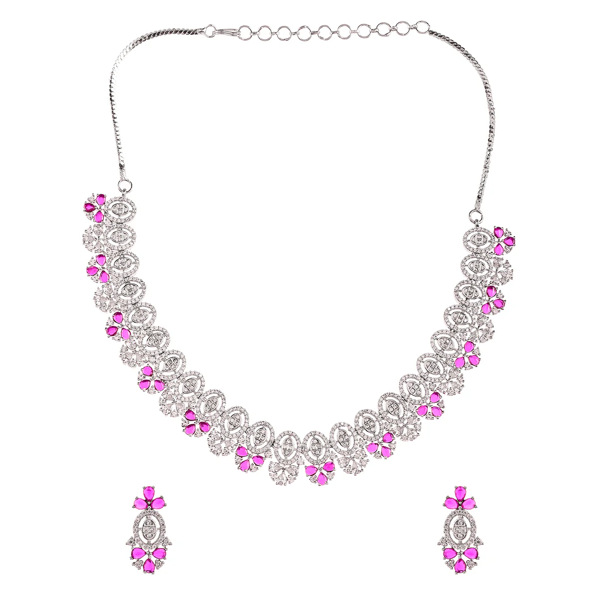 Oval Cut Zircons Embellished Floral Motifs Brass Silver Plated Jewellery Set - Image 3