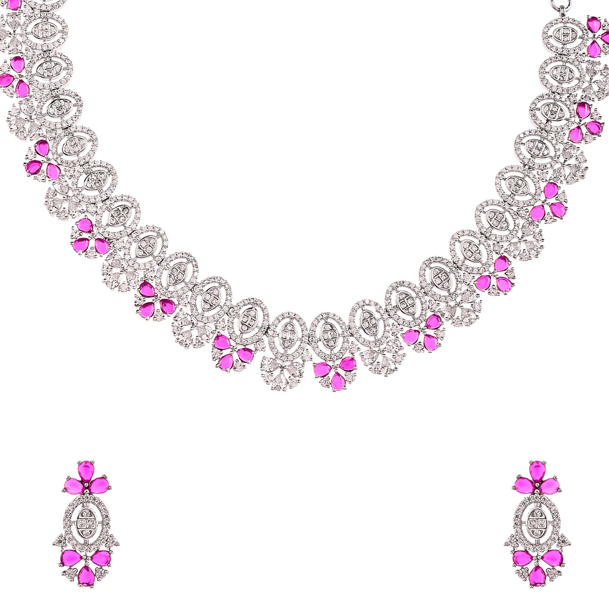 Oval Cut Zircons Embellished Floral Motifs Brass Silver Plated Jewellery Set - Image 4