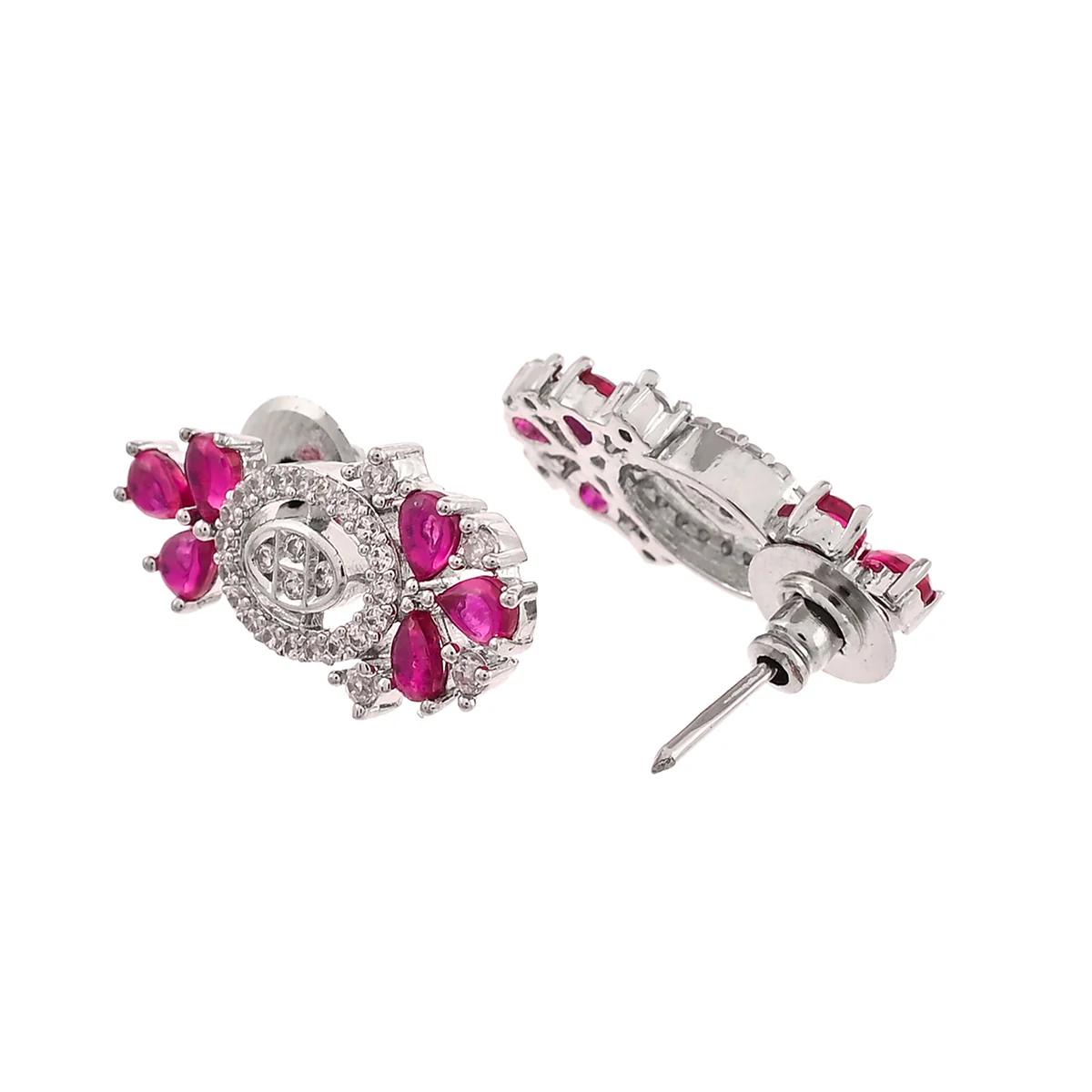 Oval Cut Zircons Embellished Floral Motifs Brass Silver Plated Jewellery Set - Image 5