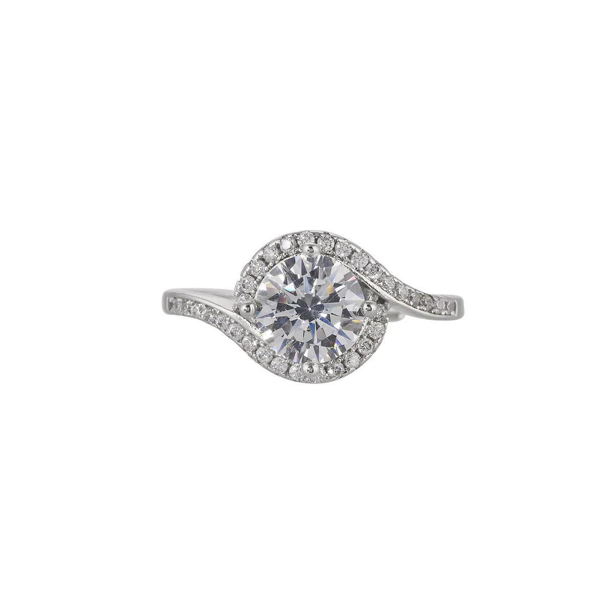 Overlap Design Round Cut Zircon Silver Plated Brass Ring - Image 3