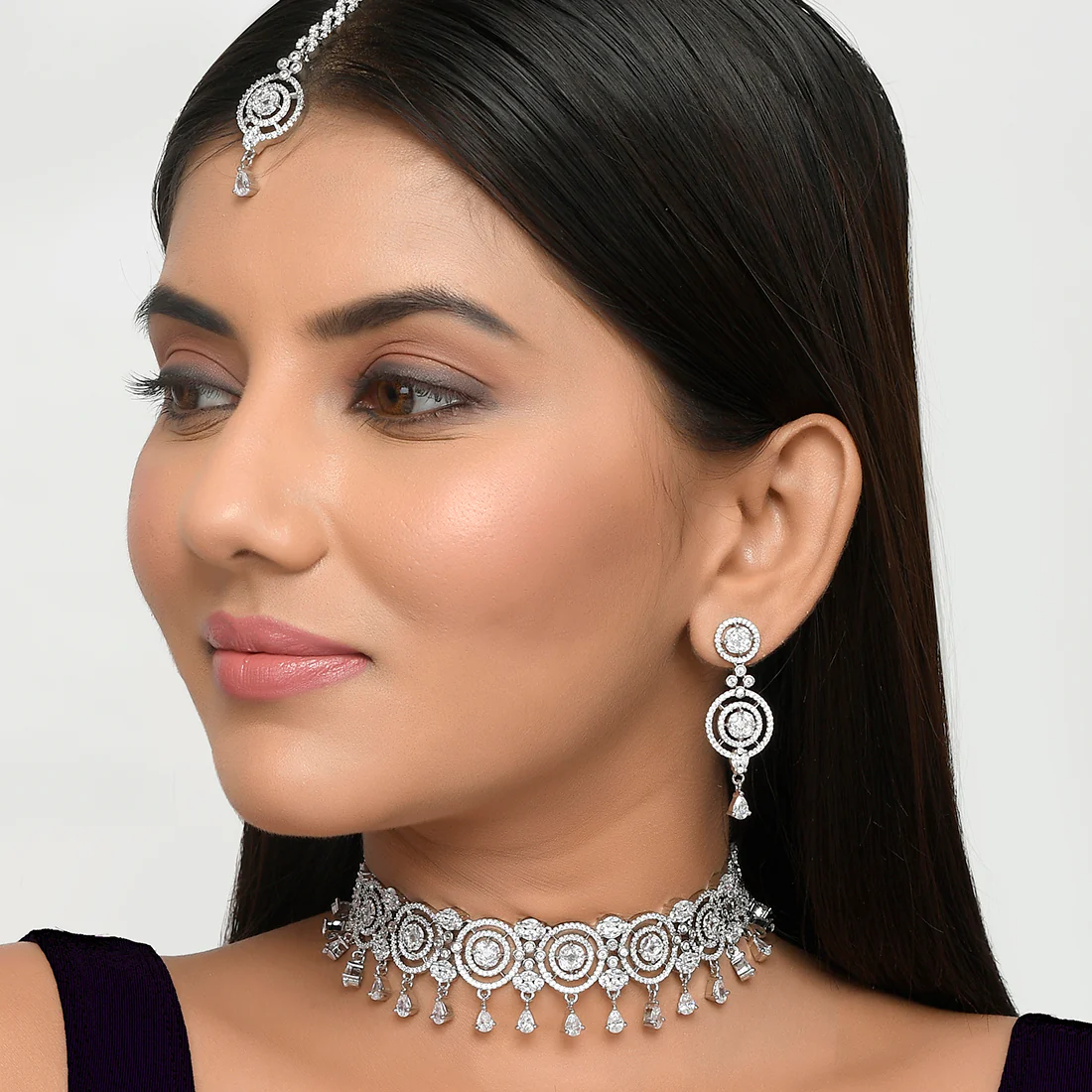 Oxidised Silver Tone Necklace Set with Maangtika - Image 2