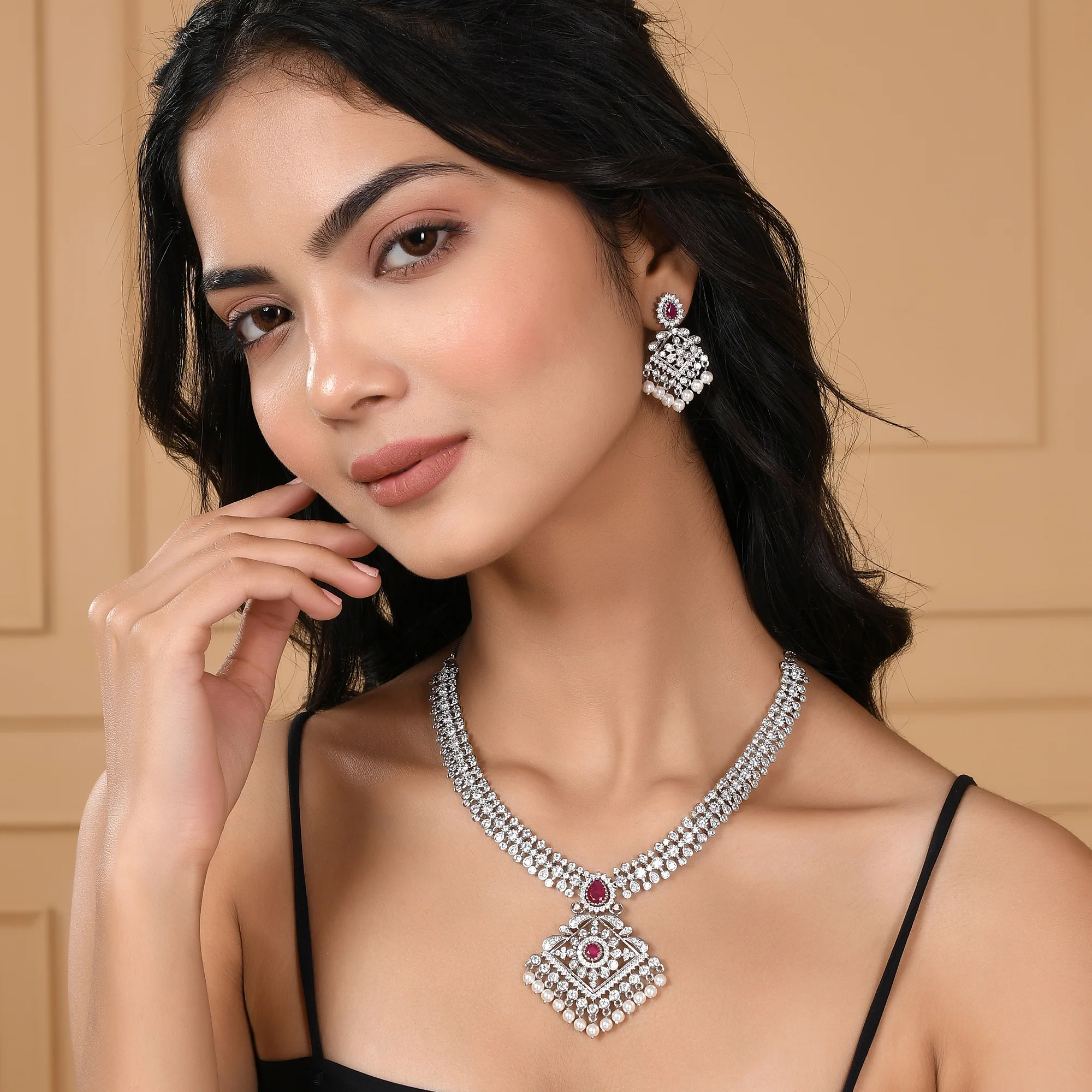 Oxidized Beautifully Crafted Cubic Zirconia Necklace Set - Image 2