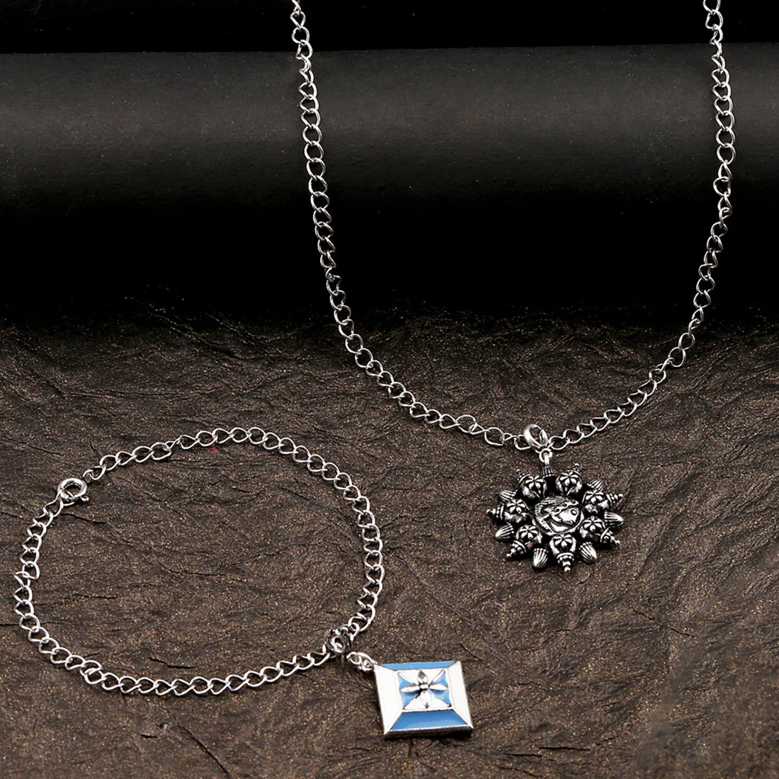 Oxidized Enameled Charms Pendant with Bracelet