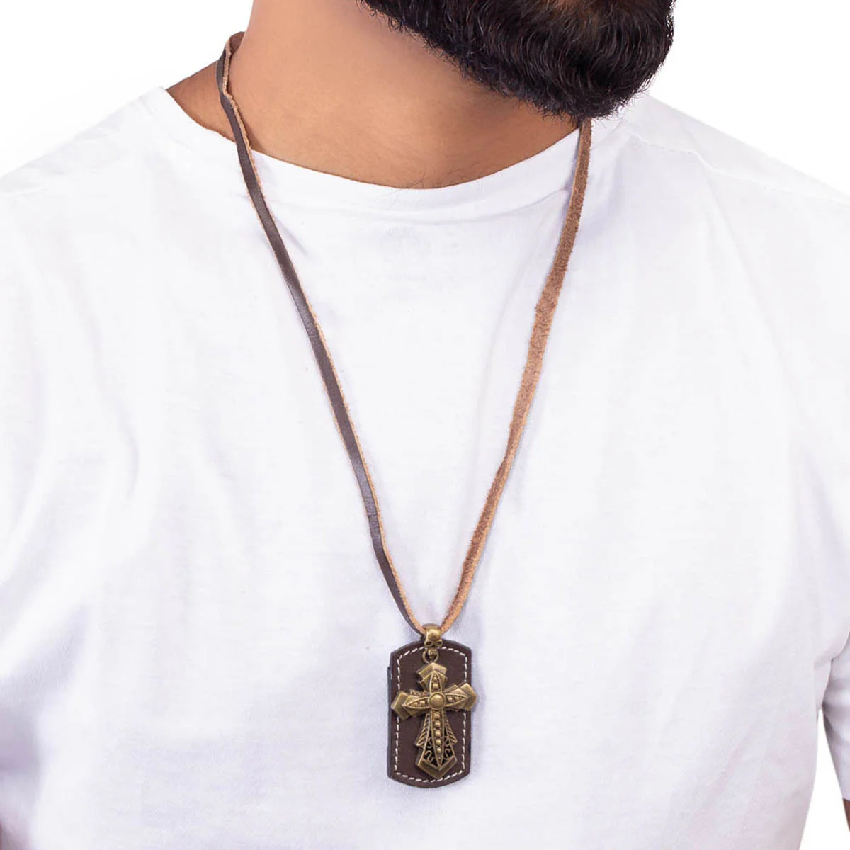 Oxidized Gold Cross Designer Pendant With Leather Chain - Image 2
