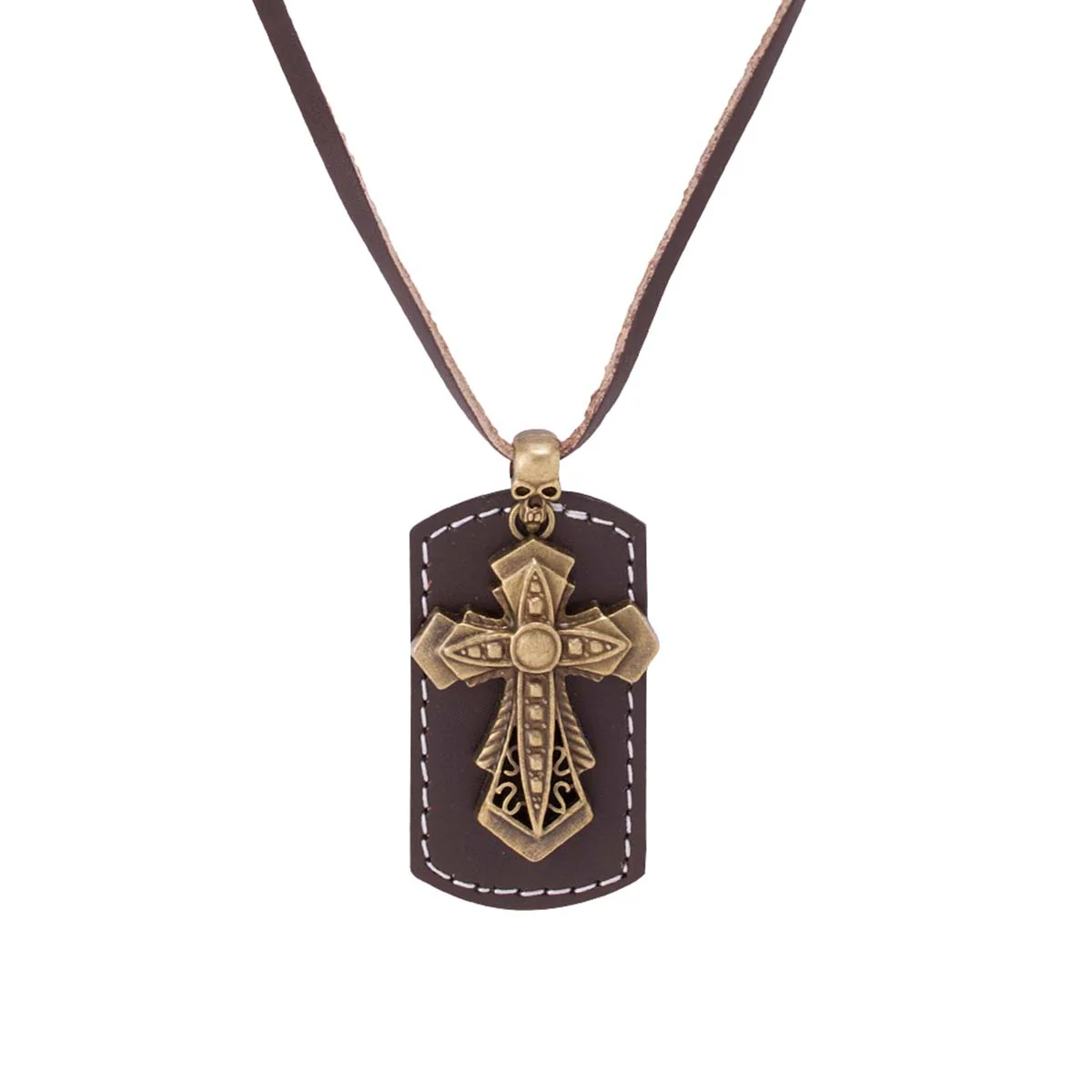 Oxidized Gold Cross Designer Pendant With Leather Chain - Image 3